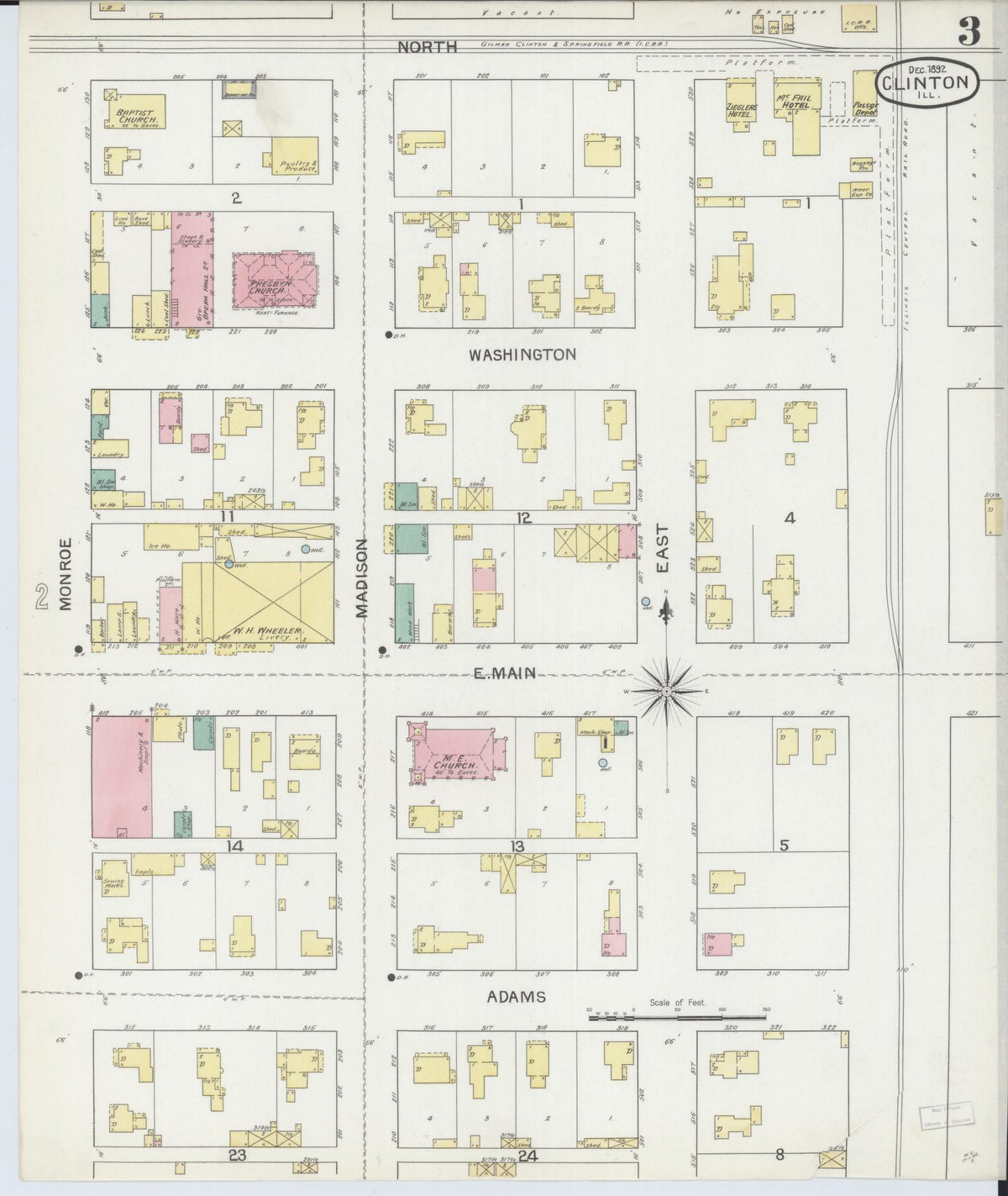 Sanborn Fire Insurance Map from Clinton, De Witt County, Illinois (1892), Sheet #0003 - Historic Sanborn Fire Insurance Map Print, vintage old map wall art, antique decor, genealogy gift, Illinois Illinois map
