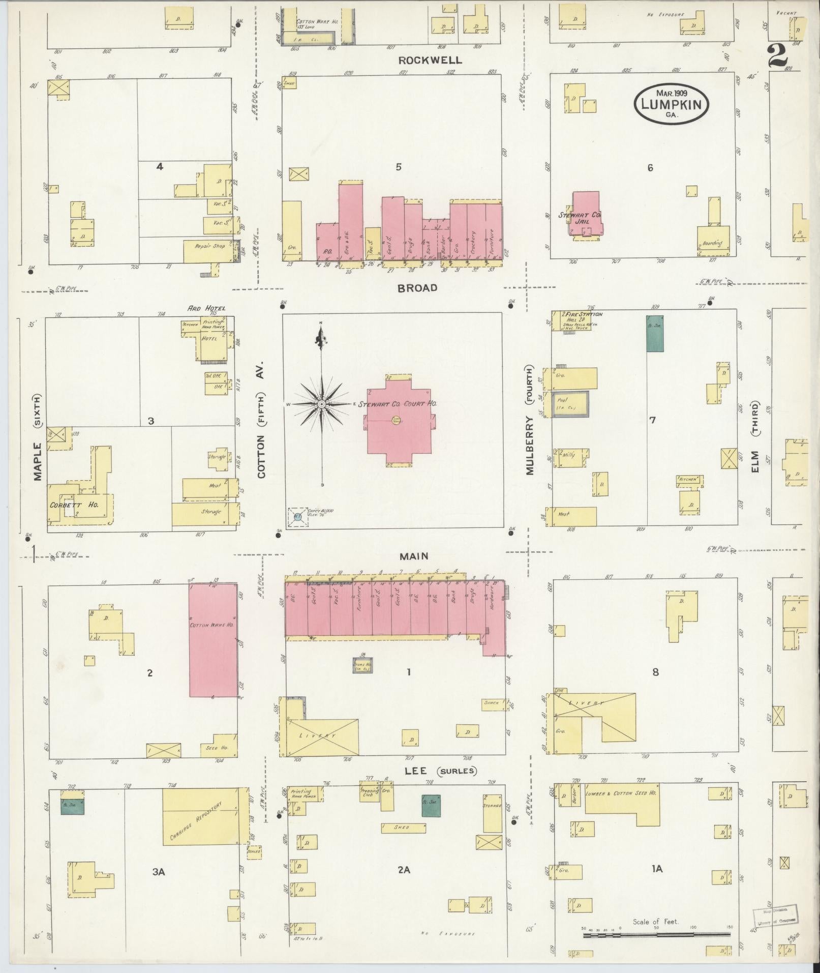 Sanborn Fire Insurance Map from Lumpkin, Stewart County, Georgia (1909), Sheet #0002 - Historic Sanborn Fire Insurance Map Print, vintage old map wall art, antique decor, genealogy gift, Georgia Georgia map
