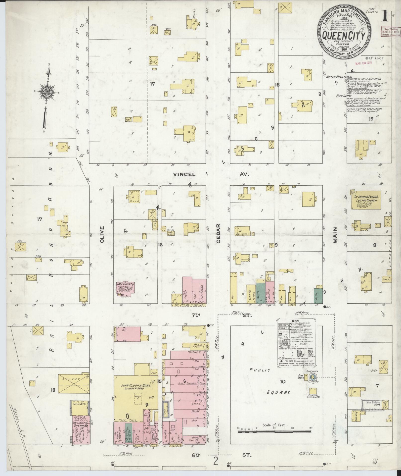 Sanborn Fire Insurance Map from Queen City, Schuyler County, Missouri (1910), Sheet #0001 - Complete Map Set gallery image, historic Sanborn map, vintage wall art, Missouri Missouri