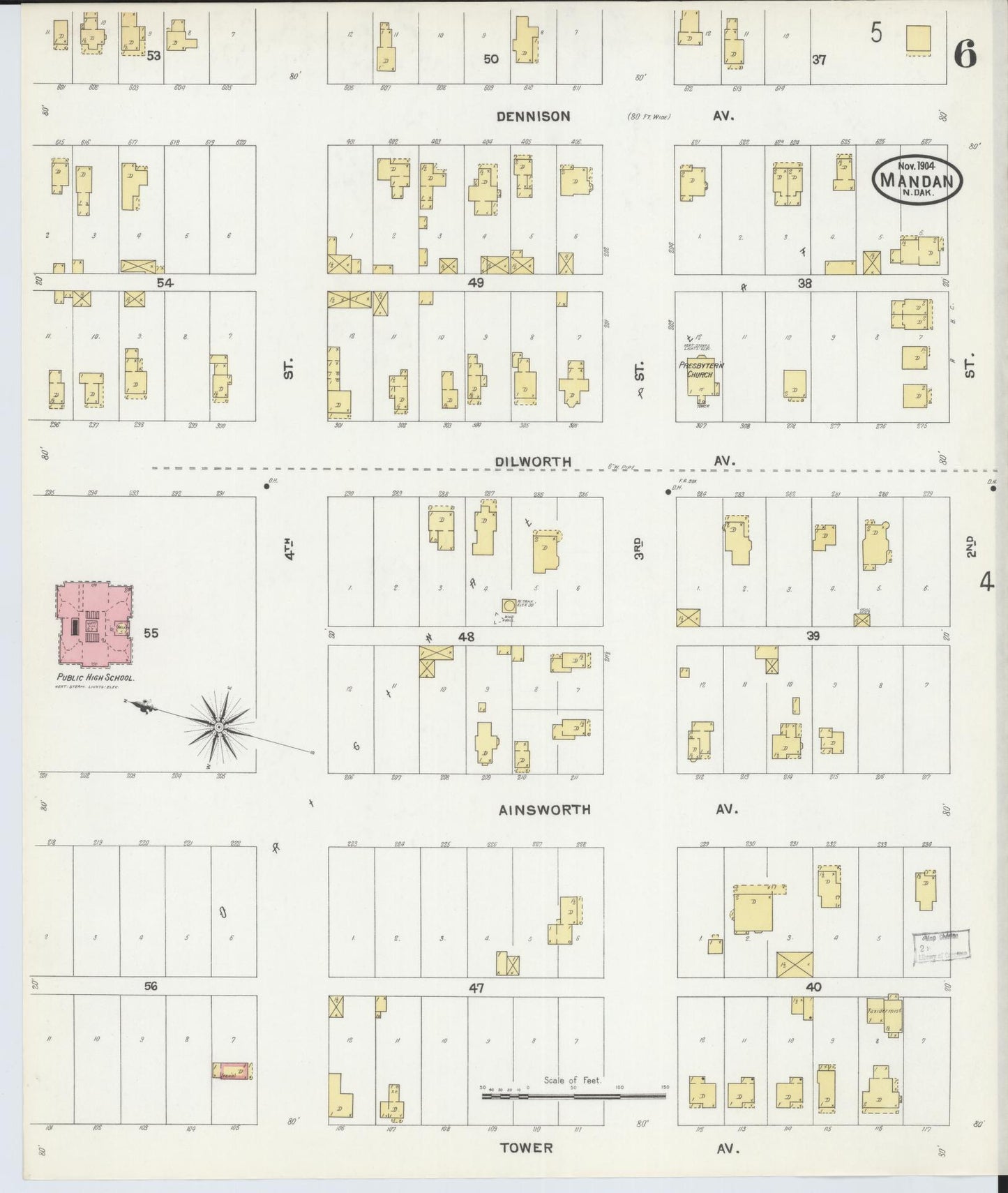 Sanborn Fire Insurance Map from Mandan, Morton County, North Dakota (1904), Sheet #0006 - Historic Sanborn Fire Insurance Map Print, vintage old map wall art, antique decor, genealogy gift, North Dakota North Dakota map