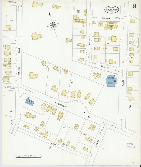 Sanborn Fire Insurance Map from Englewood, Bergen County, New Jersey (1908), Sheet #0009 - Historic Sanborn Fire Insurance Map Print, vintage old map wall art, antique decor, genealogy gift, New Jersey New Jersey map
