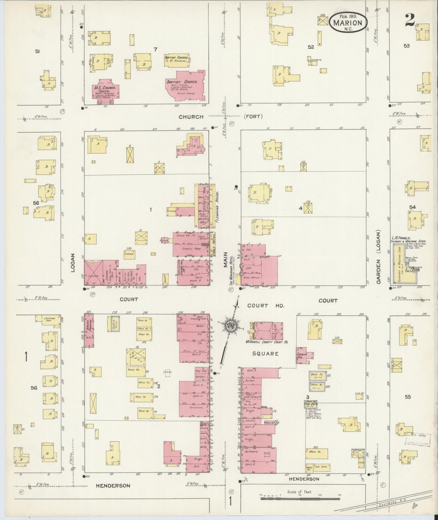 Sanborn Fire Insurance Map from Marion, Mcdowell County, North Carolina (1913), Sheet #0002 - Complete Map Set gallery image, historic Sanborn map, vintage wall art, North Carolina North Carolina