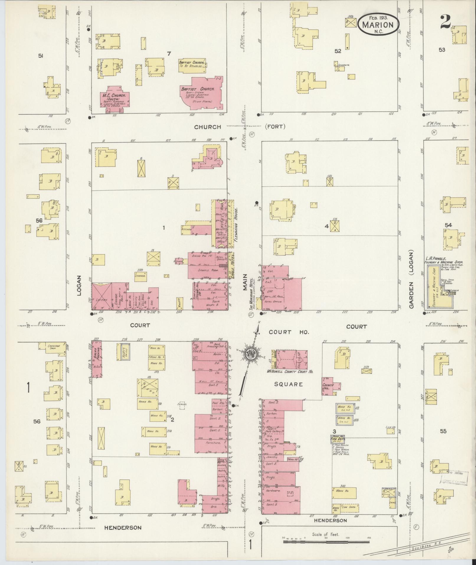 Sanborn Fire Insurance Map from Marion, Mcdowell County, North Carolina (1913), Sheet #0002 - Complete Map Set gallery image, historic Sanborn map, vintage wall art, North Carolina North Carolina