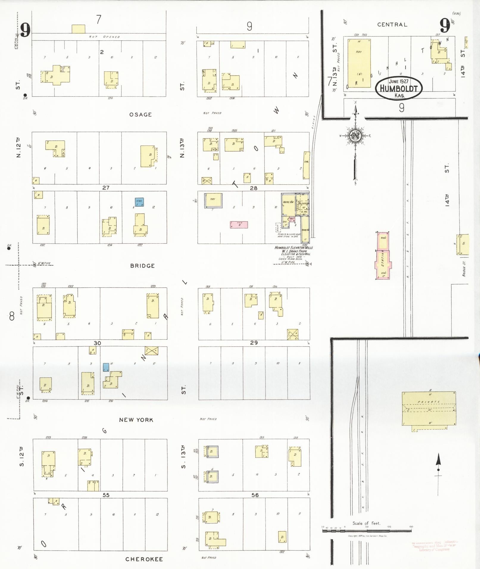 Sanborn Fire Insurance Map from Humboldt, Allen County, Kansas (1927), Sheet #0009 - Historic Sanborn Fire Insurance Map Print, vintage old map wall art, antique decor, genealogy gift, Kansas Kansas map