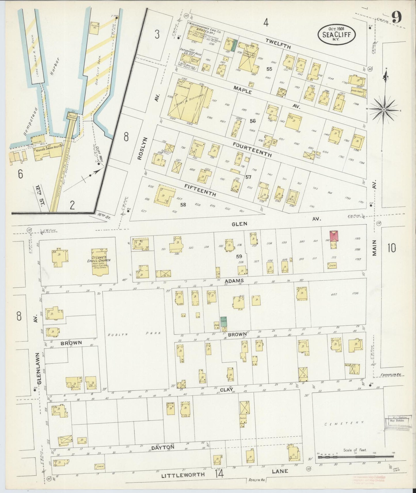 Sanborn Fire Insurance Map from Sea Cliff, Nassau County, New York (1908), Sheet #0009 - Complete Map Set gallery image, historic Sanborn map, vintage wall art, New York New York