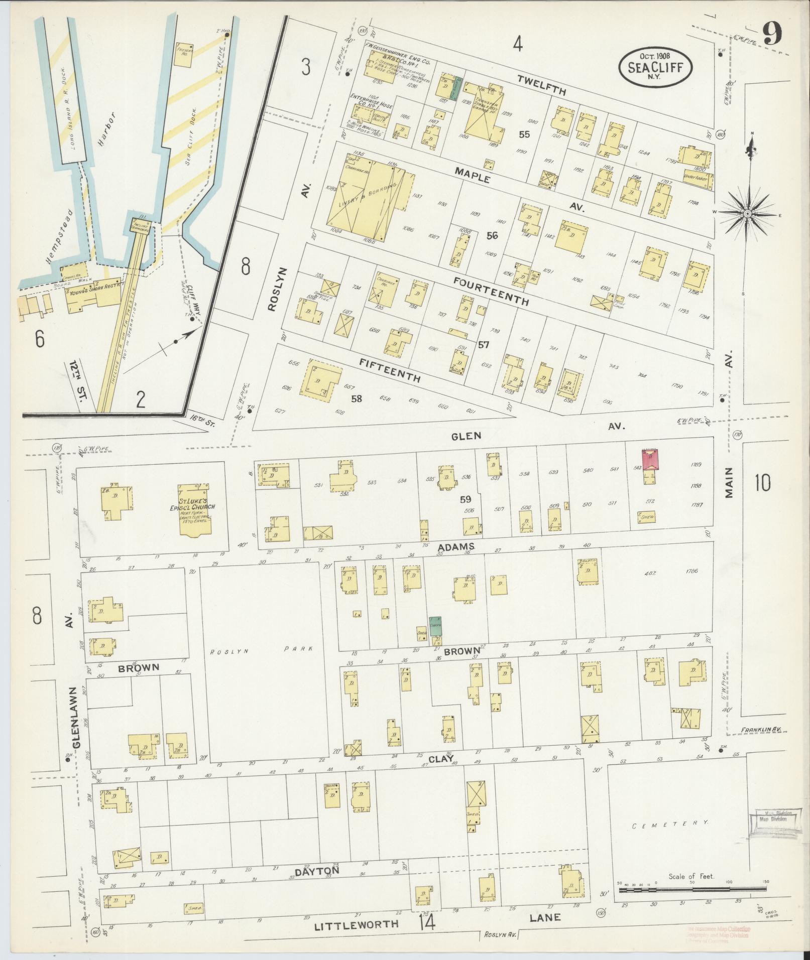 Sanborn Fire Insurance Map from Sea Cliff, Nassau County, New York (1908), Sheet #0009 - Complete Map Set gallery image, historic Sanborn map, vintage wall art, New York New York