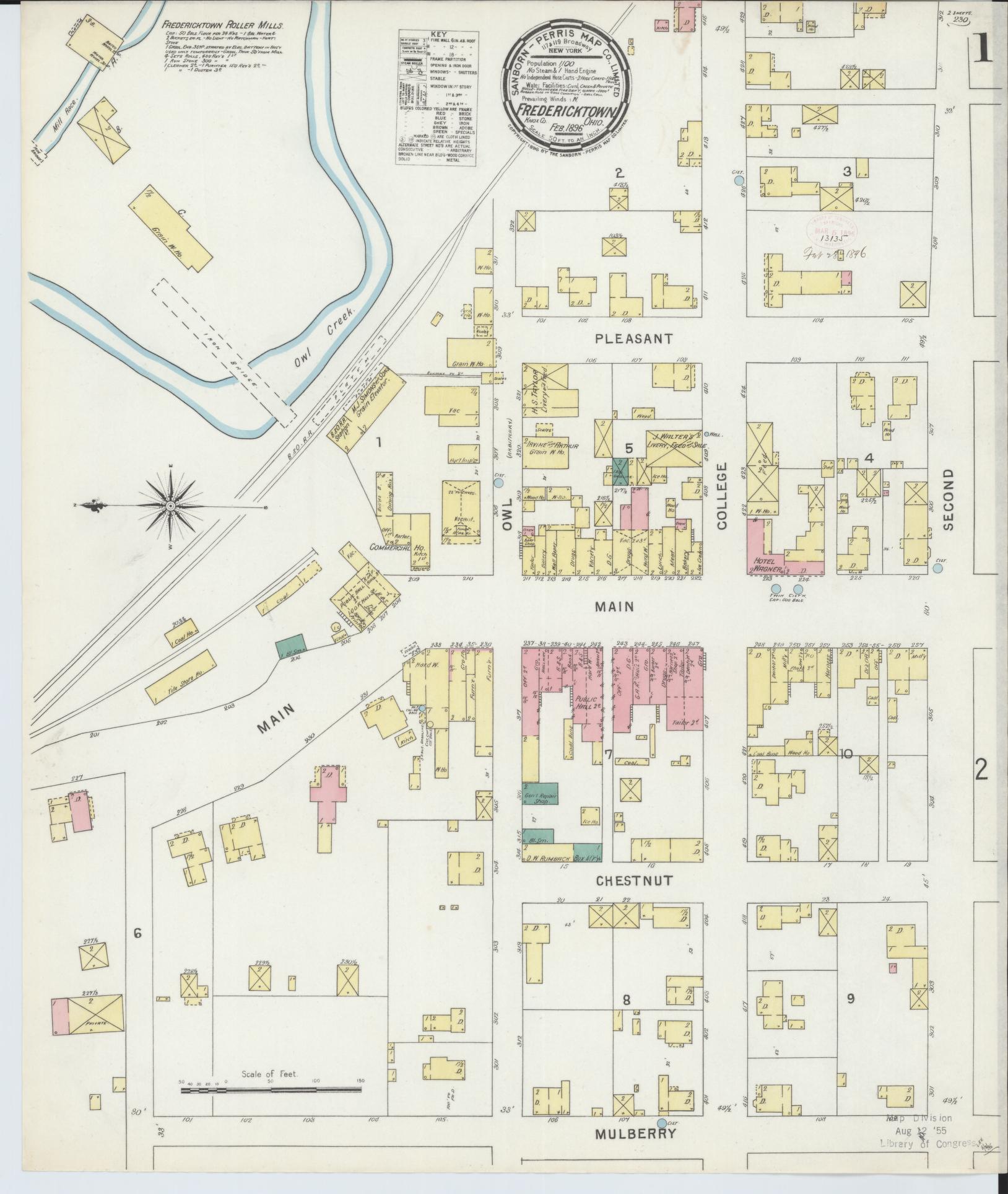 Sanborn Fire Insurance Map from Fredericktown, Knox County, Ohio (1896), Sheet #0001 - Historic Sanborn Fire Insurance Map Print, vintage old map wall art, antique decor, genealogy gift, Ohio Ohio map