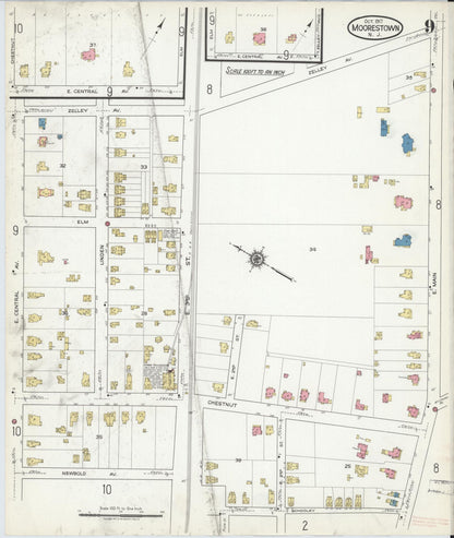 Sanborn Fire Insurance Map from Moorestown, Burlington County, New Jersey (1917), Sheet #0009 - Historic Sanborn Fire Insurance Map Print, vintage old map wall art, antique decor, genealogy gift, New Jersey New Jersey map