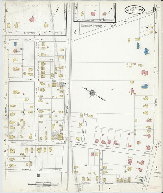 Sanborn Fire Insurance Map from Moorestown, Burlington County, New Jersey (1917), Sheet #0009 - Historic Sanborn Fire Insurance Map Print, vintage old map wall art, antique decor, genealogy gift, New Jersey New Jersey map