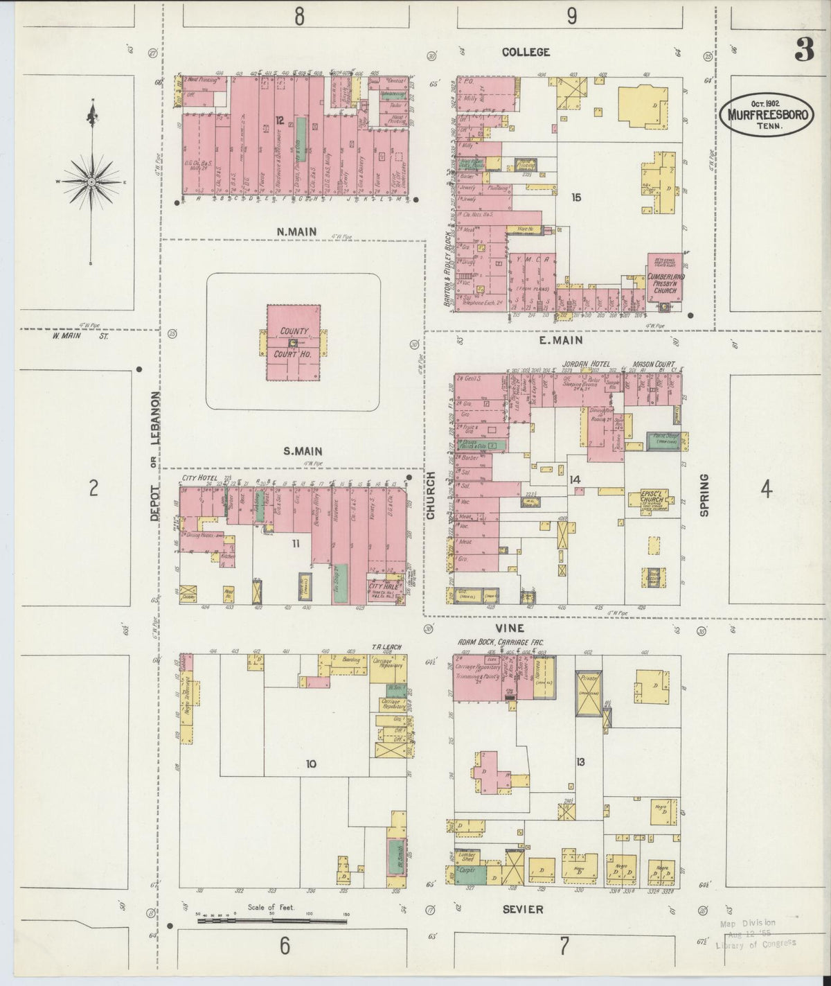 Sanborn Fire Insurance Map from Murfreesboro, Rutherford County, Tennessee (1902), Sheet #0003 - Historic Sanborn Fire Insurance Map Print, vintage old map wall art, antique decor, genealogy gift, Tennessee Tennessee map