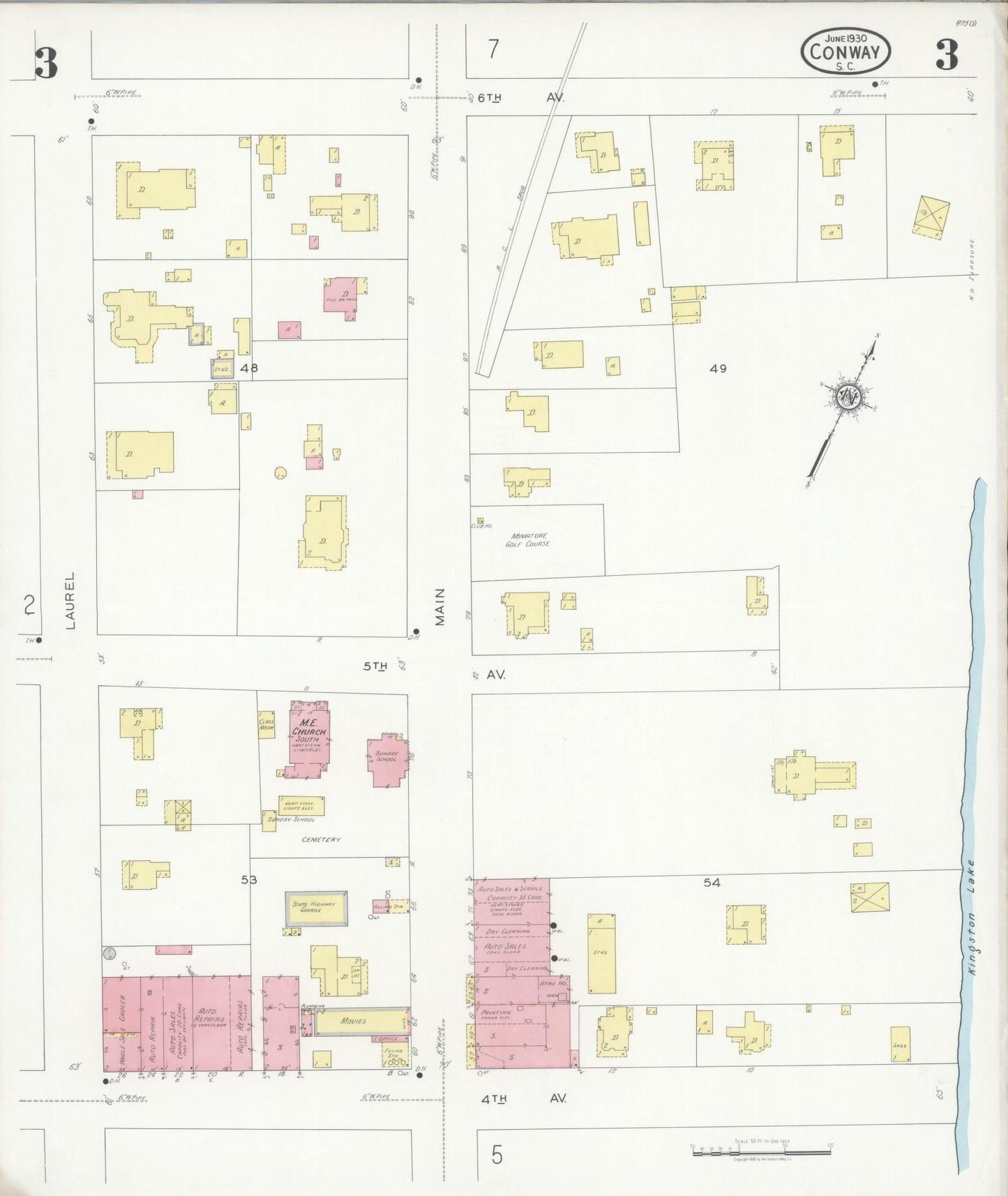 Sanborn Fire Insurance Map from Conway, Horry County, South Carolina (1930), Sheet #0003 - Historic Sanborn Fire Insurance Map Print, vintage old map wall art, antique decor, genealogy gift, South Carolina South Carolina map