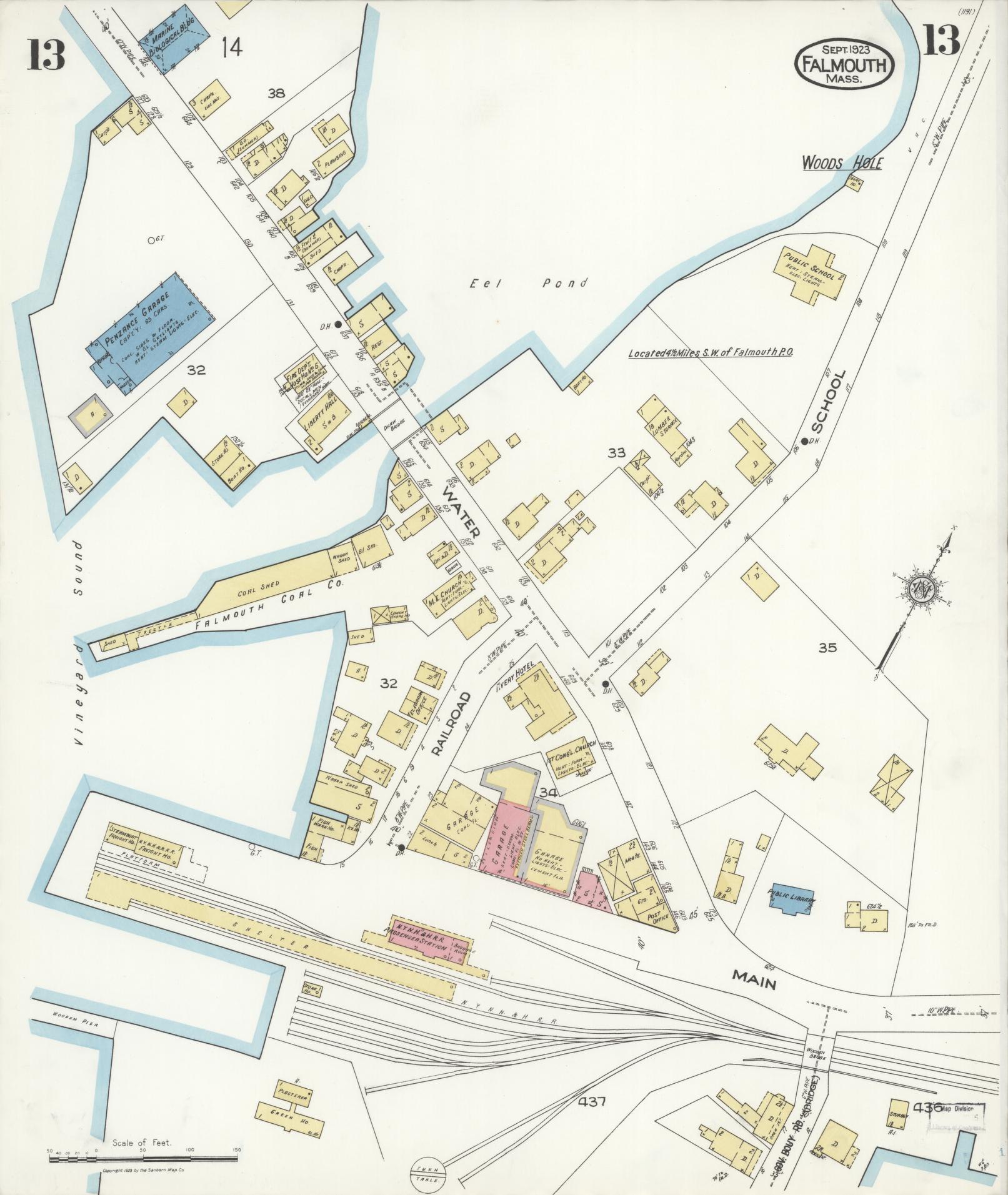 Sanborn Fire Insurance Map from Falmouth, Barnstable County, Massachusetts (1923), Sheet #0013 - Historic Sanborn Fire Insurance Map Print, vintage old map wall art, antique decor, genealogy gift, Massachusetts Massachusetts map