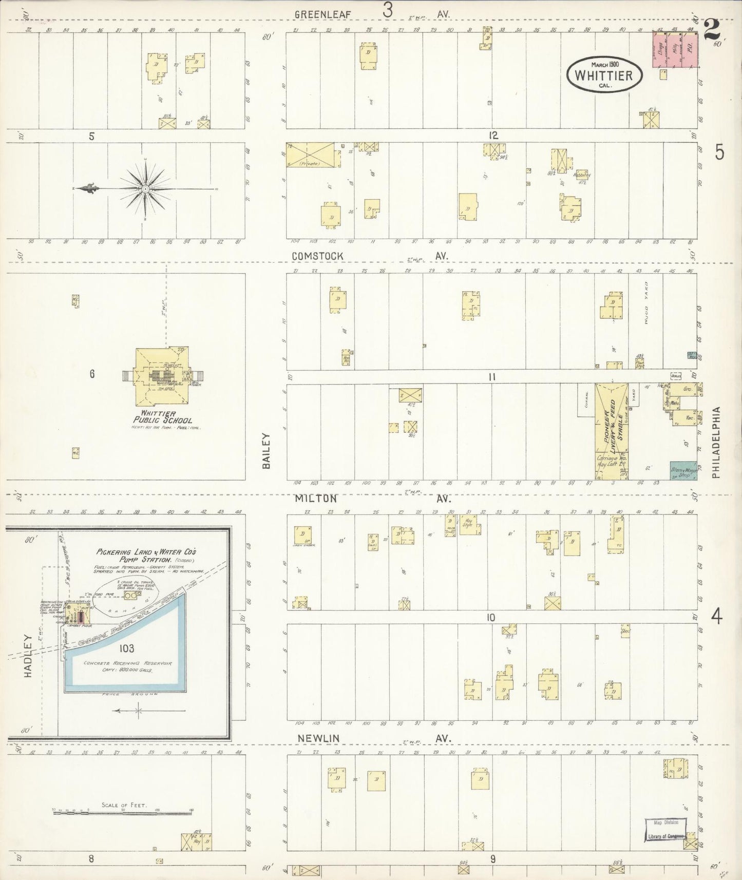 Sanborn Fire Insurance Map from Whittier, Los Angeles County, California (1900), Sheet #0002 - Complete Map Set gallery image, historic Sanborn map, vintage wall art, California California