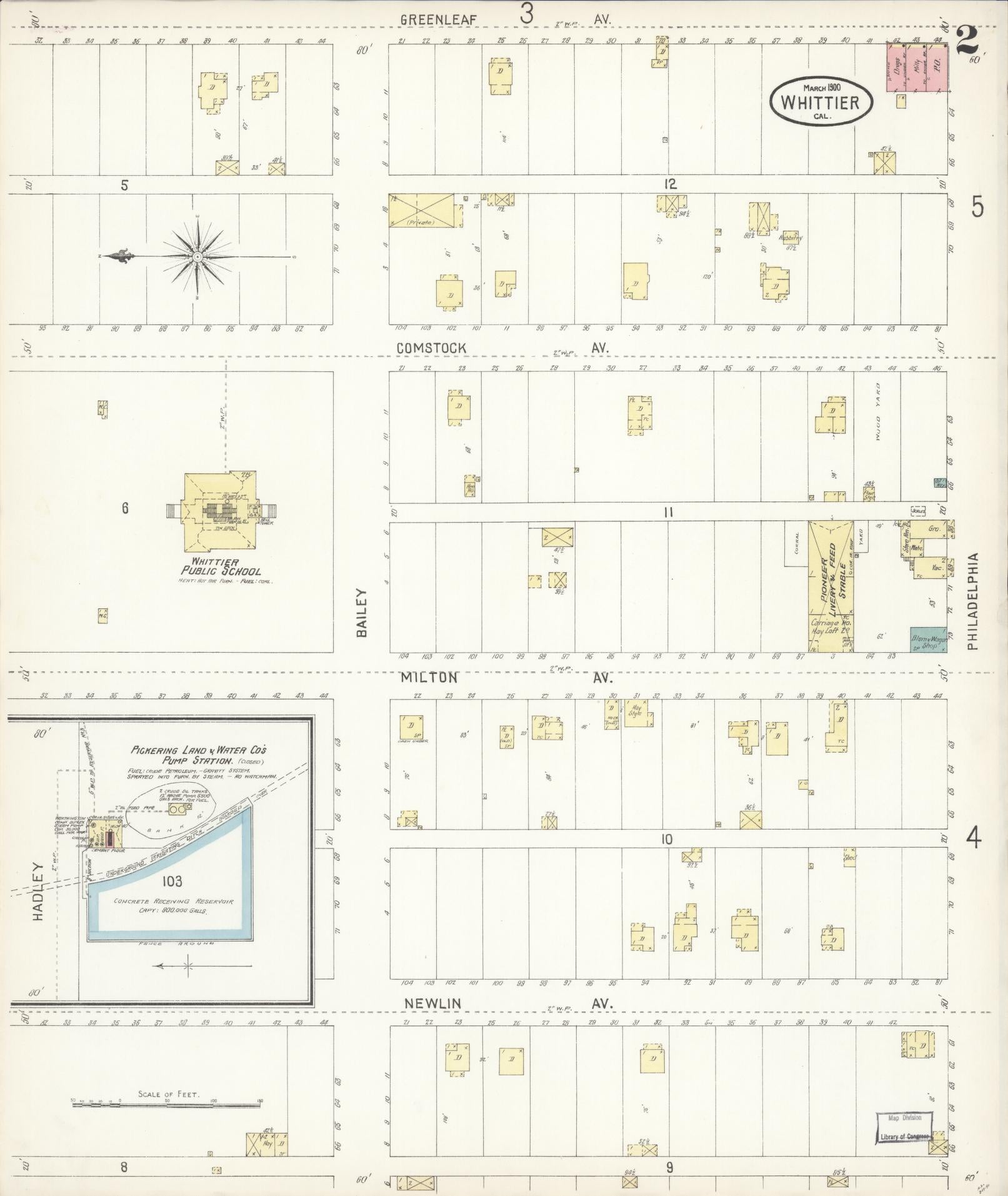 Sanborn Fire Insurance Map from Whittier, Los Angeles County, California (1900), Sheet #0002 - Complete Map Set gallery image, historic Sanborn map, vintage wall art, California California