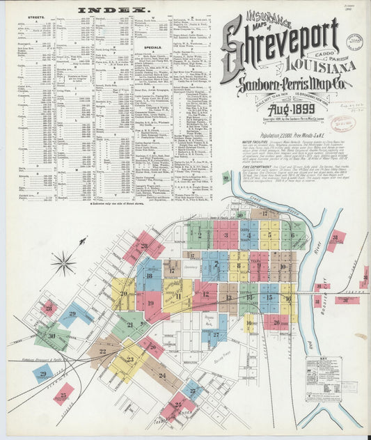 Sanborn Fire Insurance Map from Shreveport, Caddo Parish, Louisiana (1899), Sheet #0001 - Historic Sanborn Fire Insurance Map Print, vintage old map wall art, antique decor, genealogy gift, Louisiana Louisiana map