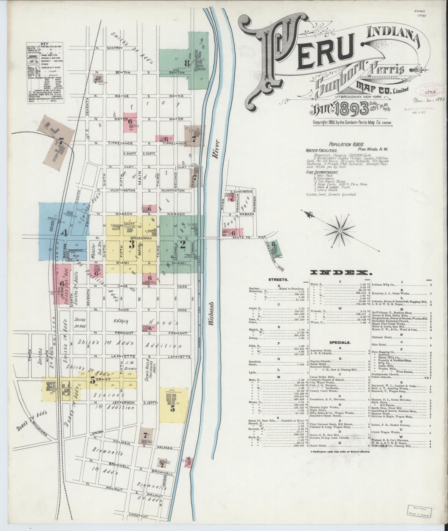 Sanborn Fire Insurance Map from Peru, Miami County, Indiana (1893), Sheet #0001 - Historic Sanborn Fire Insurance Map Print, vintage old map wall art, antique decor, genealogy gift, Indiana Indiana map