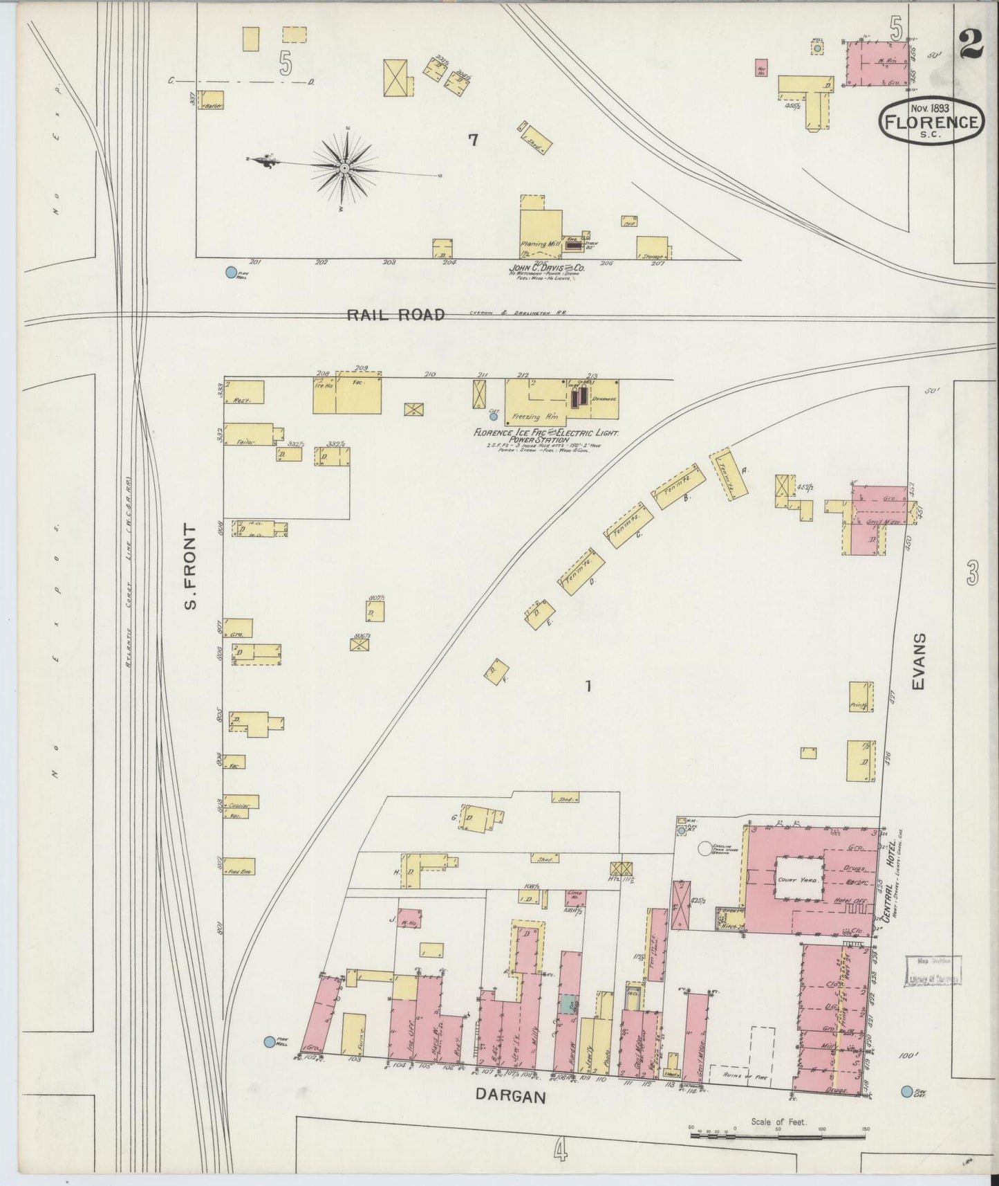 Sanborn Fire Insurance Map from Florence, Florence County, South Carolina (1893), Sheet #0002 - Complete Map Set gallery image, historic Sanborn map, vintage wall art, South Carolina South Carolina
