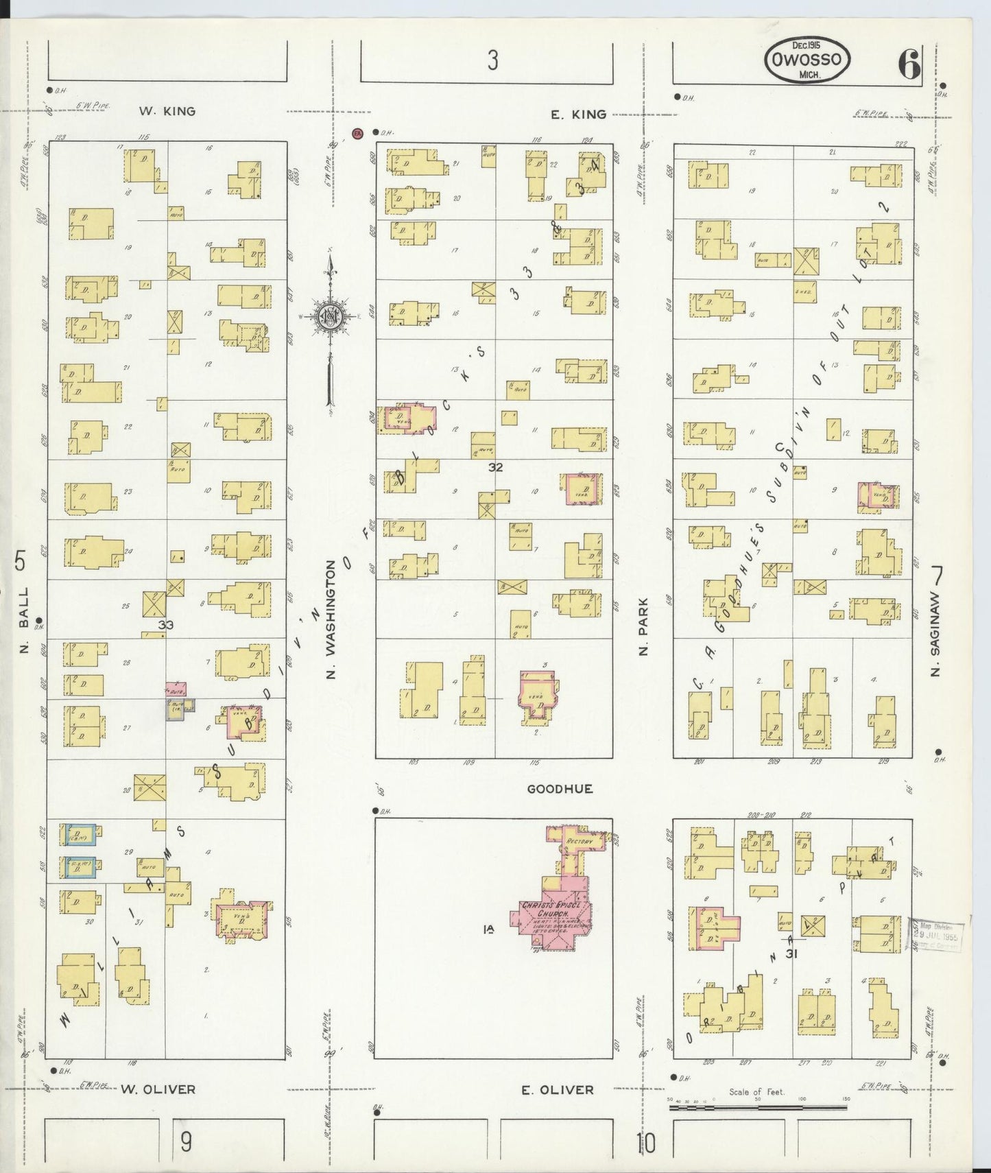Sanborn Fire Insurance Map from Owosso, Shiawassee County, Michigan (1915), Sheet #0006 - Historic Sanborn Fire Insurance Map Print, vintage old map wall art, antique decor, genealogy gift, Michigan Michigan map