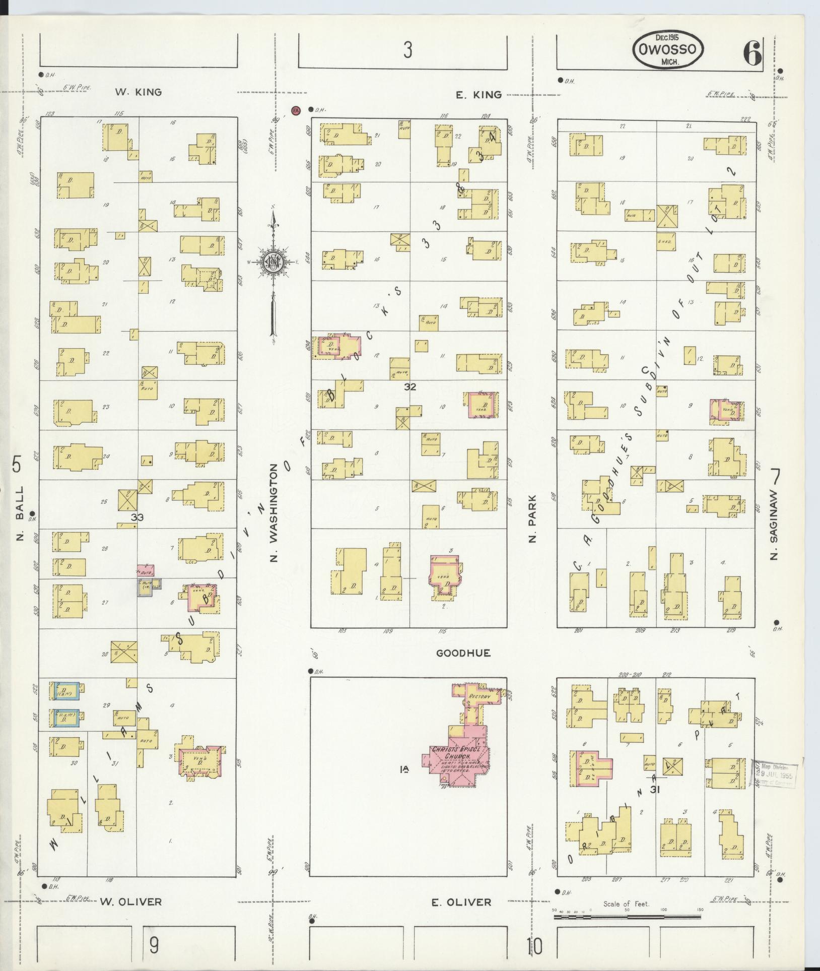 Sanborn Fire Insurance Map from Owosso, Shiawassee County, Michigan (1915), Sheet #0006 - Historic Sanborn Fire Insurance Map Print, vintage old map wall art, antique decor, genealogy gift, Michigan Michigan map