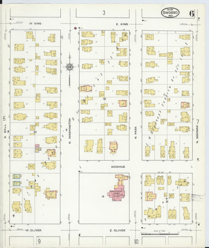 Sanborn Fire Insurance Map from Owosso, Shiawassee County, Michigan (1915), Sheet #0006 - Historic Sanborn Fire Insurance Map Print, vintage old map wall art, antique decor, genealogy gift, Michigan Michigan map