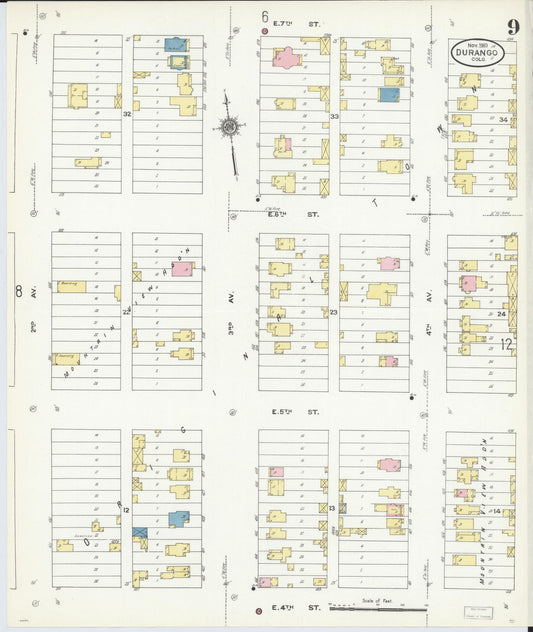 Sanborn Fire Insurance Map from Durango, La Plata County, Colorado (1910), Sheet #0009 - Historic Sanborn Fire Insurance Map Print, vintage old map wall art, antique decor, genealogy gift, Colorado Colorado map