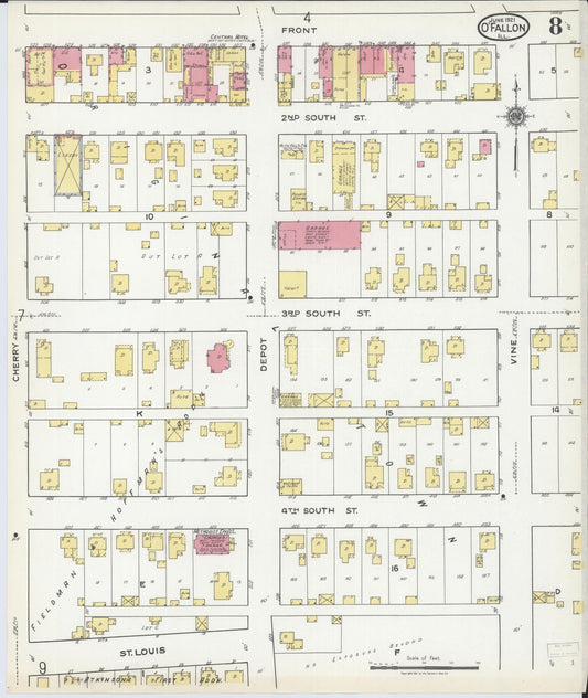 Sanborn Fire Insurance Map from O'Fallon, Saint Clair County, Illinois (1921), Sheet #0008 - Historic Sanborn Fire Insurance Map Print, vintage old map wall art, antique decor, genealogy gift, Illinois Illinois map