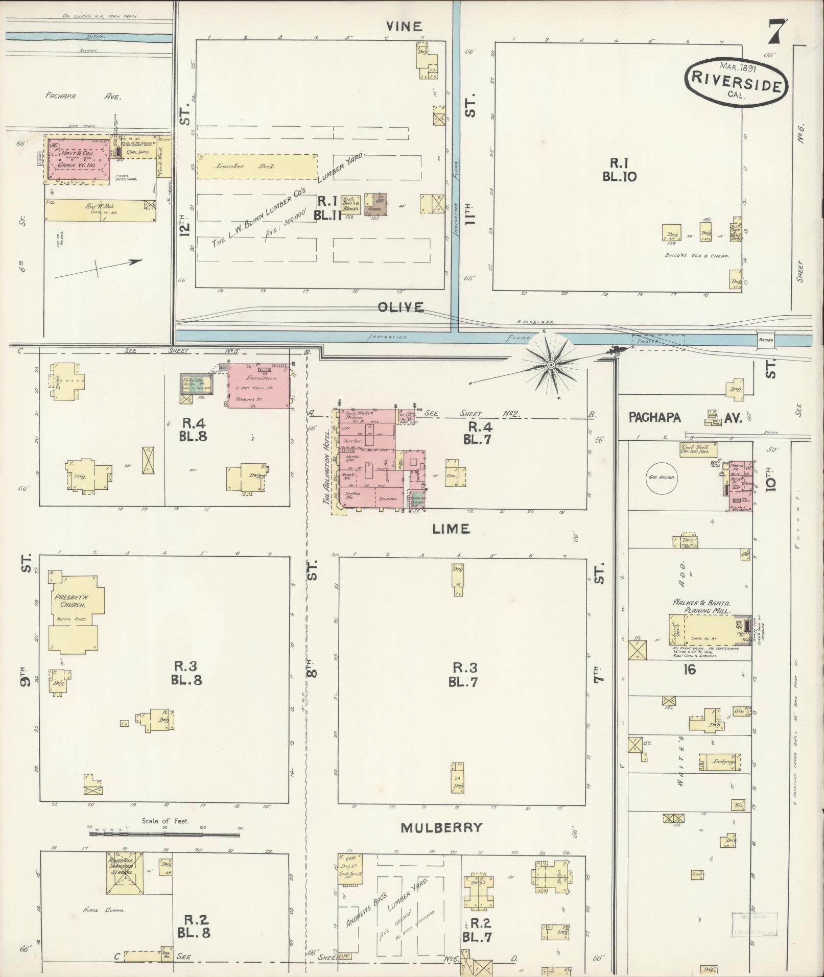 Sanborn Fire Insurance Map from Riverside, Riverside County, California (1891), Sheet #0007 - Complete Map Set gallery image, historic Sanborn map, vintage wall art, California California