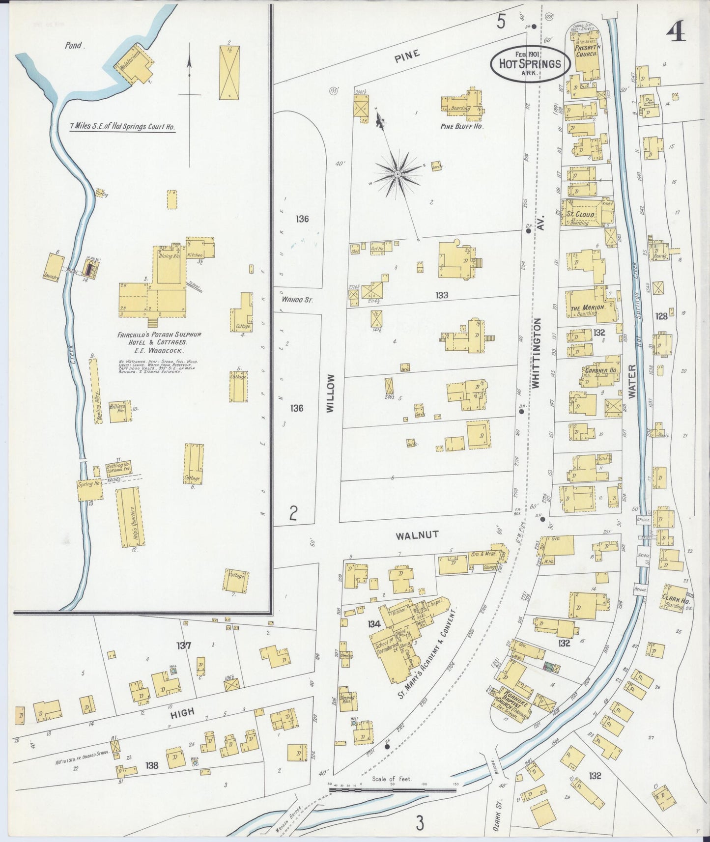 Sanborn Fire Insurance Map from Hot Springs, Garland County, Arkansas (1901), Sheet #0004 - Complete Map Set gallery image, historic Sanborn map, vintage wall art, Arkansas Arkansas