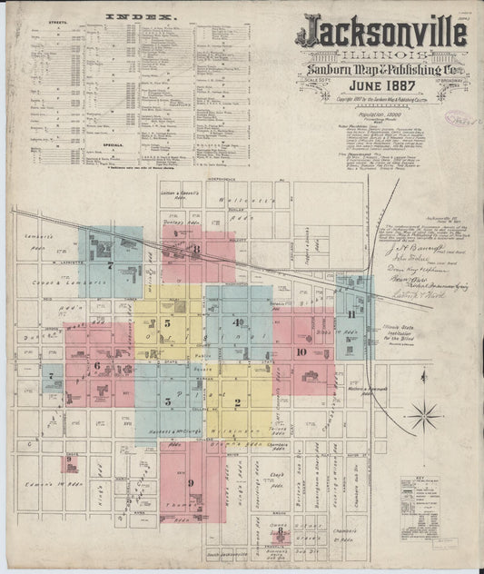 Sanborn Fire Insurance Map from Jacksonville, Morgan County, Illinois (1887), Sheet #0001 - Complete Map Set gallery image, historic Sanborn map, vintage wall art, Illinois Illinois