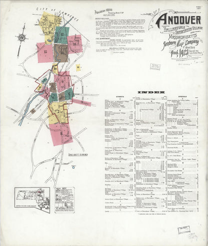 Sanborn Fire Insurance Map from Andover, Essex County, Massachusetts (1923), Sheet #0001 - Historic Sanborn Fire Insurance Map Print, vintage old map wall art, antique decor, genealogy gift, Massachusetts Massachusetts map