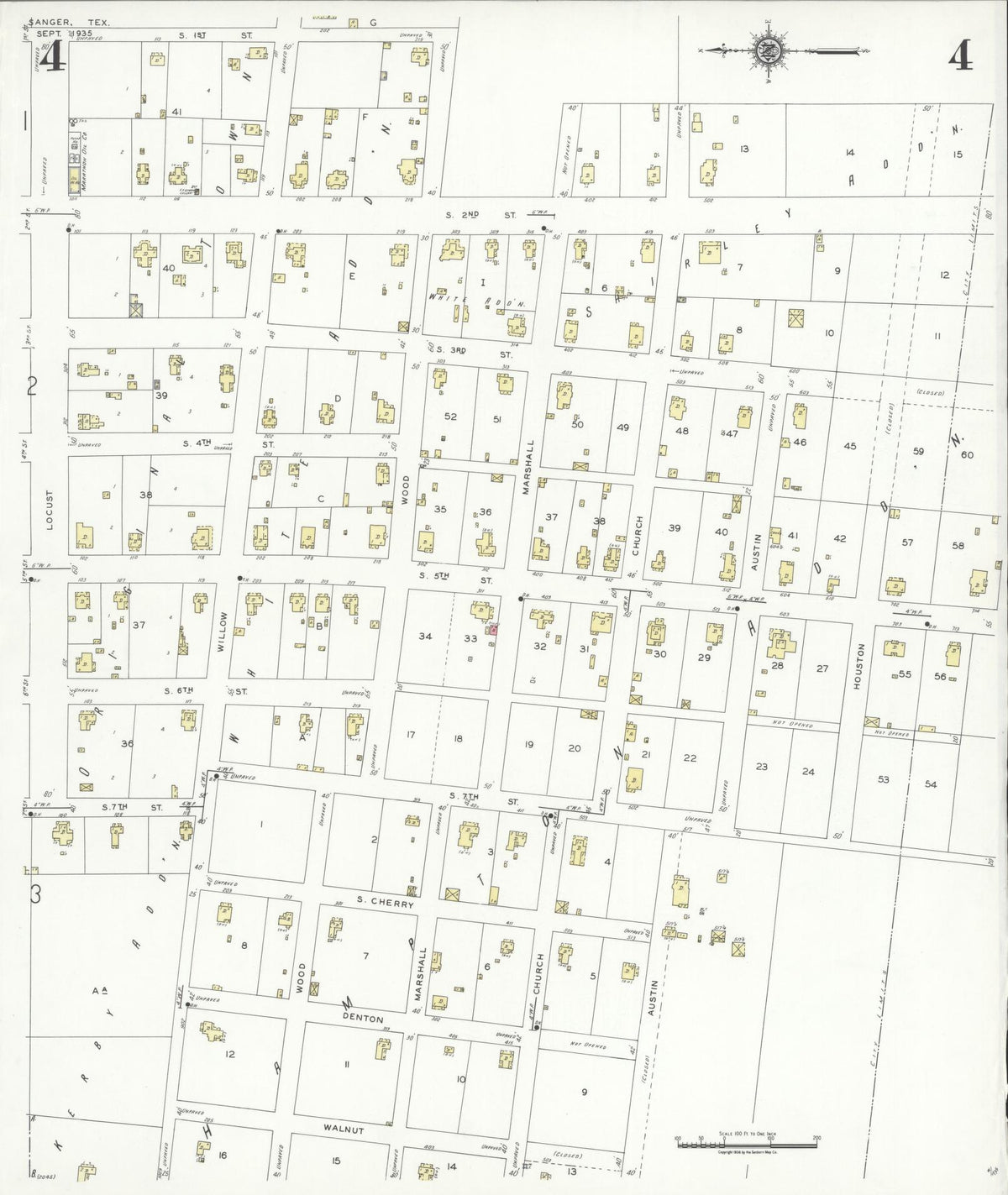 Sanborn Fire Insurance Map from Sanger, Denton County, Texas (1935), Sheet #0004 - Historic Sanborn Fire Insurance Map Print, vintage old map wall art, antique decor, genealogy gift, Texas Texas map