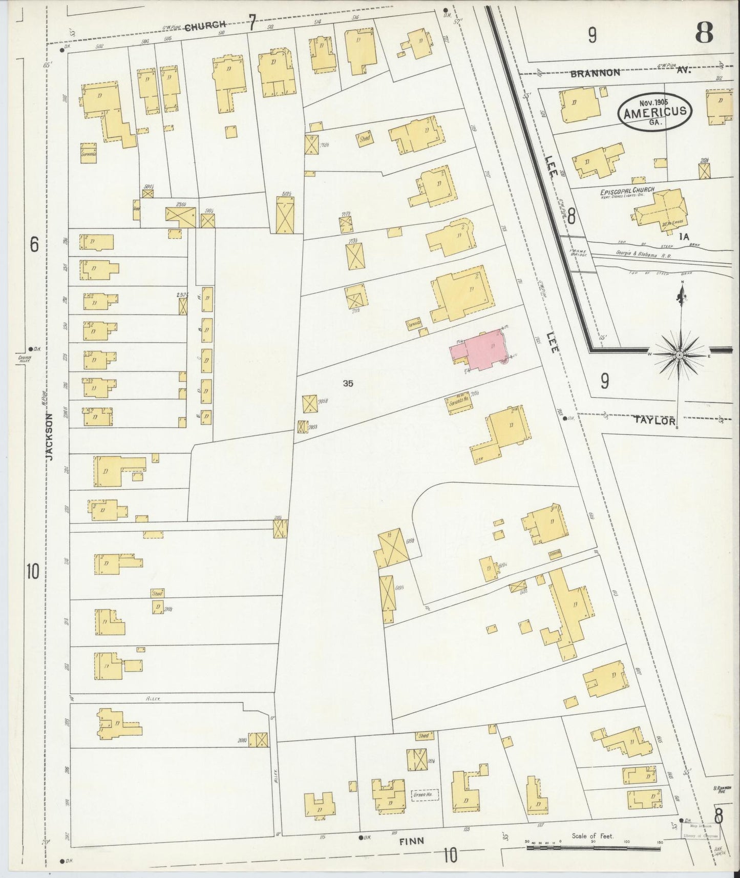 Sanborn Fire Insurance Map from Americus, Sumter County, Georgia (1905), Sheet #0008 - Complete Map Set gallery image, historic Sanborn map, vintage wall art, Georgia Georgia