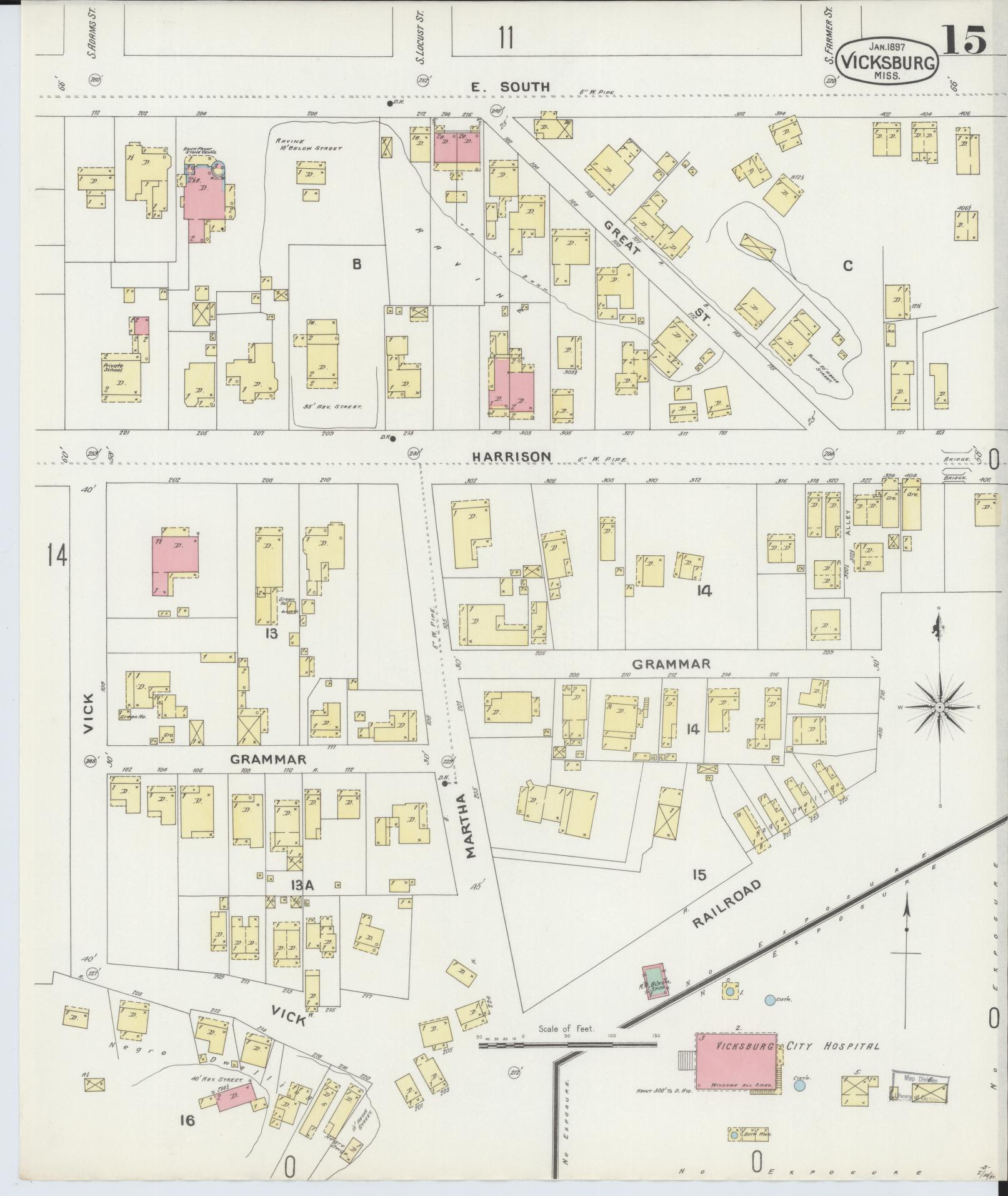 Sanborn Fire Insurance Map from Vicksburg, Warren County, Mississippi (1897), Sheet #0015 - Complete Map Set gallery image, historic Sanborn map, vintage wall art, Mississippi Mississippi