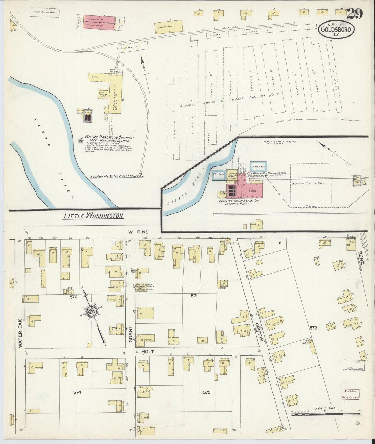 Sanborn Fire Insurance Map from Goldsboro, Wayne County, North Carolina (1913), Sheet #0029 - Complete Map Set gallery image, historic Sanborn map, vintage wall art, North Carolina North Carolina
