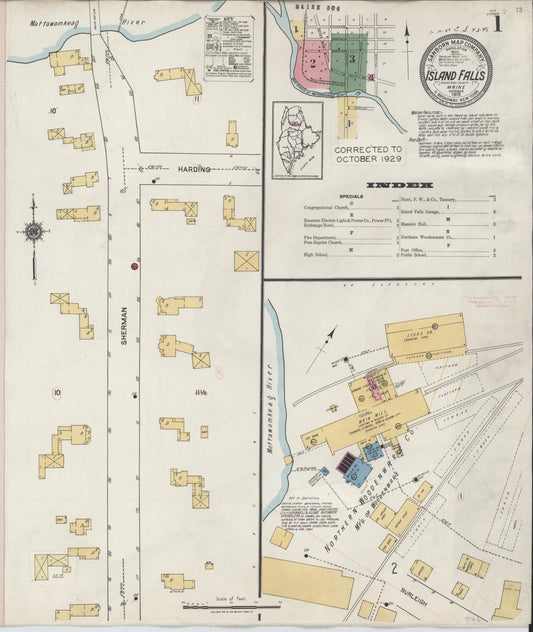 Sanborn Fire Insurance Map from Island Falls, Aroostook County, Maine (1929), Sheet #0001 - Historic Sanborn Fire Insurance Map Print, vintage old map wall art, antique decor, genealogy gift, Maine Maine map