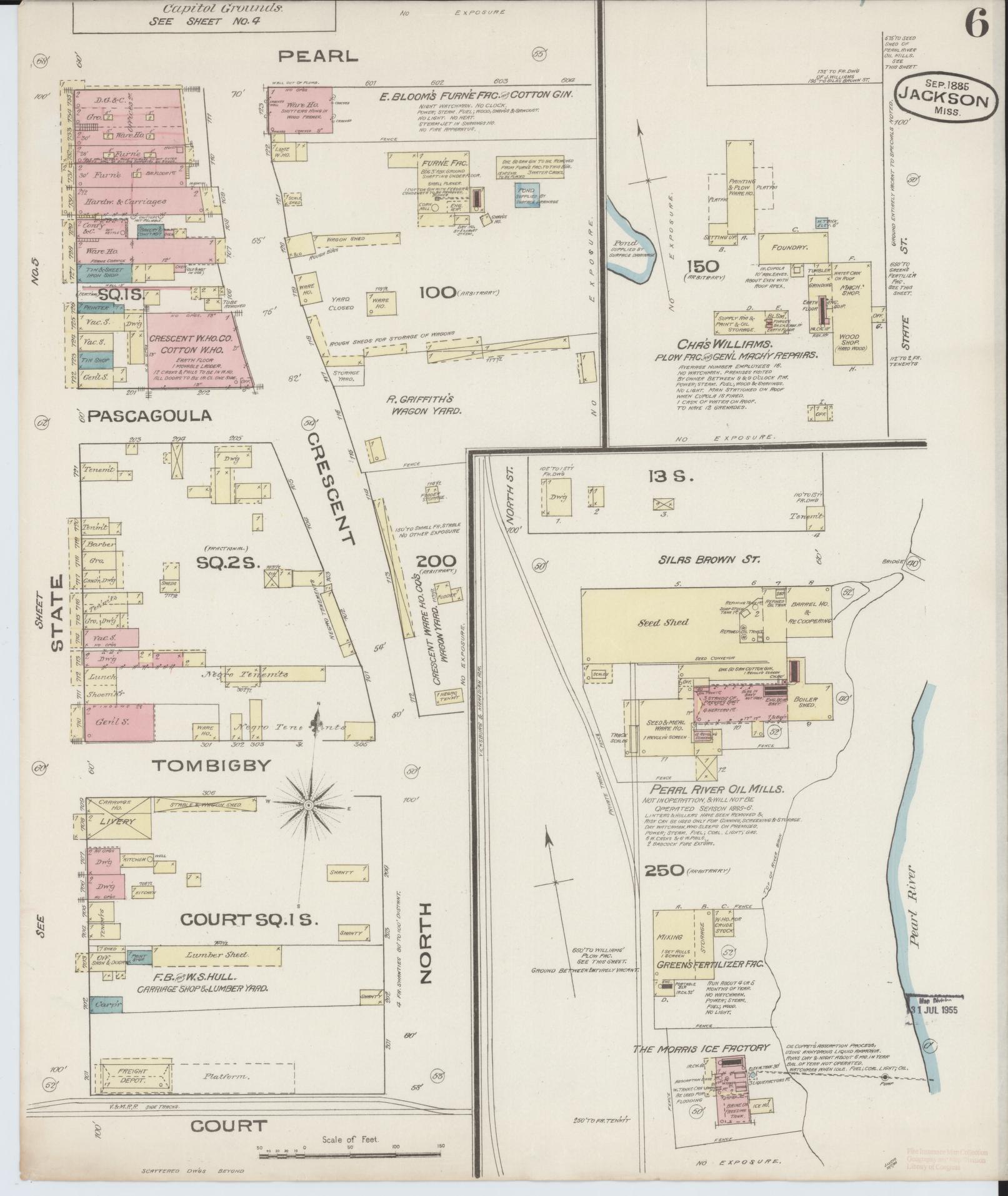 Sanborn Fire Insurance Map from Jackson, Hinds County, Mississippi (1885), Sheet #0006 - Complete Map Set gallery image, historic Sanborn map, vintage wall art, Mississippi Mississippi