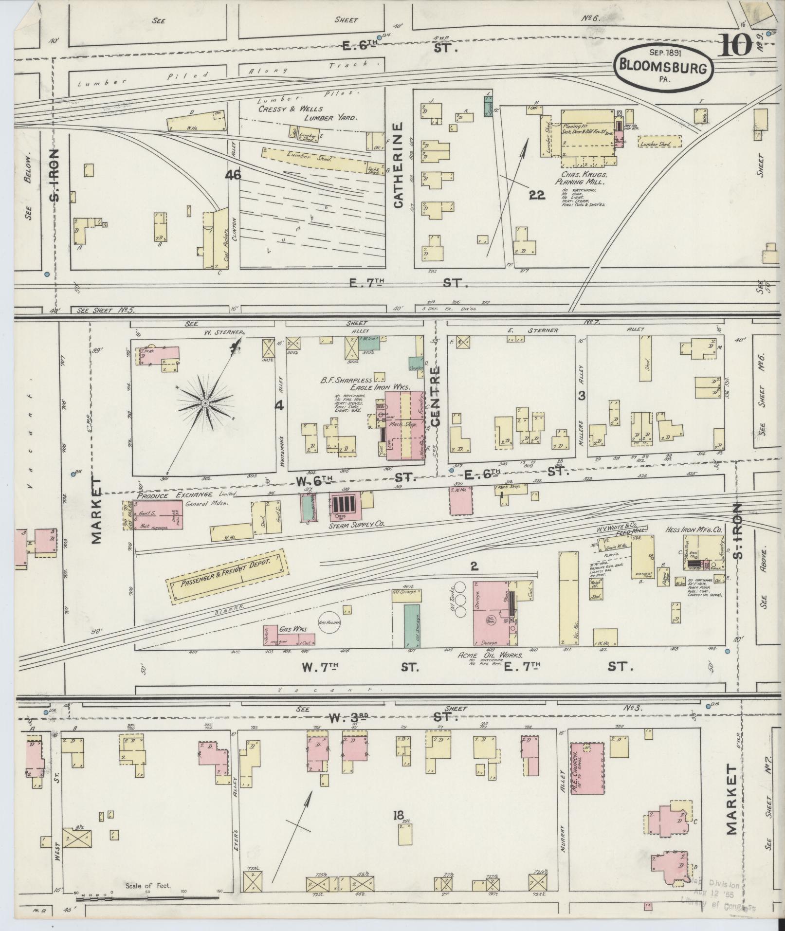 Sanborn Fire Insurance Map from Bloomsburg, Columbia County, Pennsylvania (1891), Sheet #0010 - Historic Sanborn Fire Insurance Map Print, vintage old map wall art, antique decor, genealogy gift, Pennsylvania Pennsylvania map