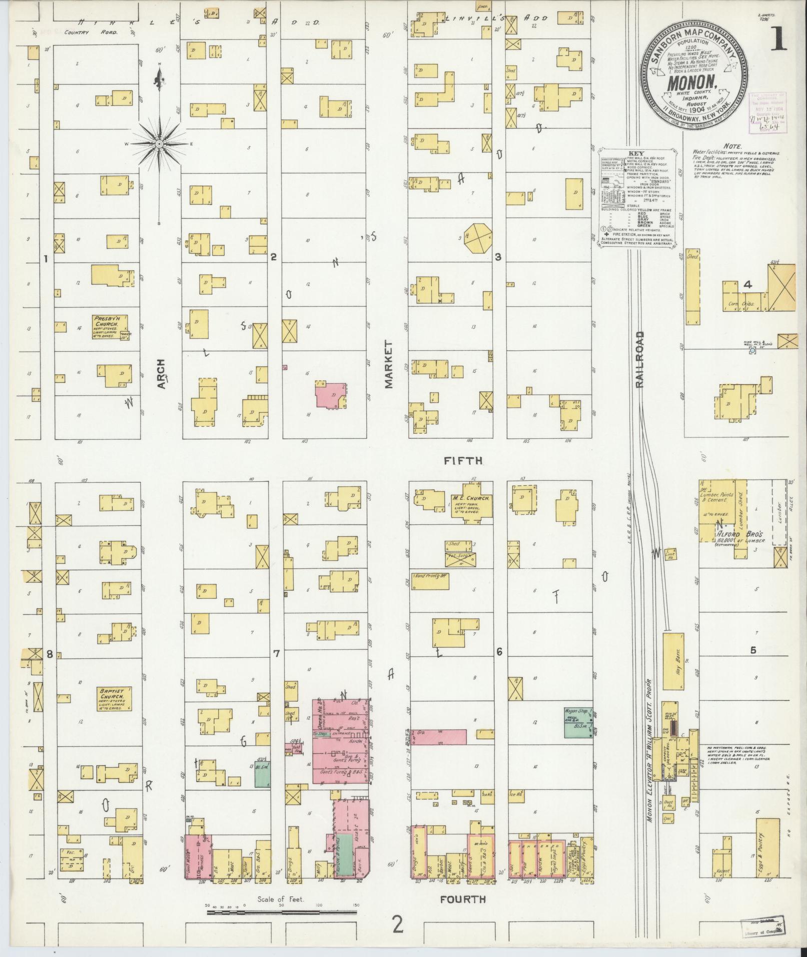 Sanborn Fire Insurance Map from Monon, White County, Indiana (1904), Sheet #0001 - Historic Sanborn Fire Insurance Map Print, vintage old map wall art, antique decor, genealogy gift, Indiana Indiana map