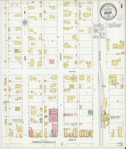 Sanborn Fire Insurance Map from Monon, White County, Indiana (1904), Sheet #0001 - Historic Sanborn Fire Insurance Map Print, vintage old map wall art, antique decor, genealogy gift, Indiana Indiana map