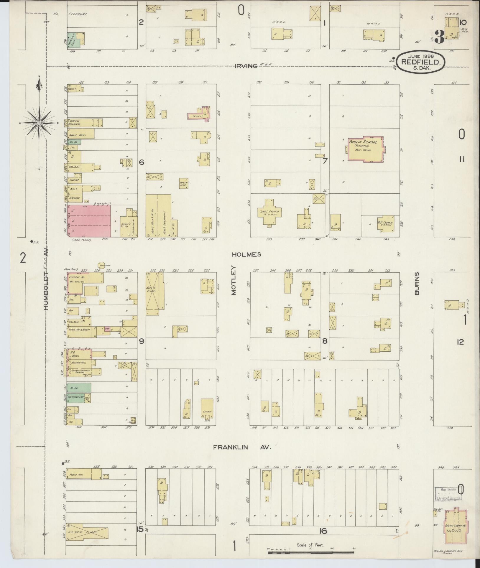 Sanborn Fire Insurance Map from Redfield, Spink County, South Dakota (1898), Sheet #0003 - Historic Sanborn Fire Insurance Map Print, vintage old map wall art, antique decor, genealogy gift, South Dakota South Dakota map