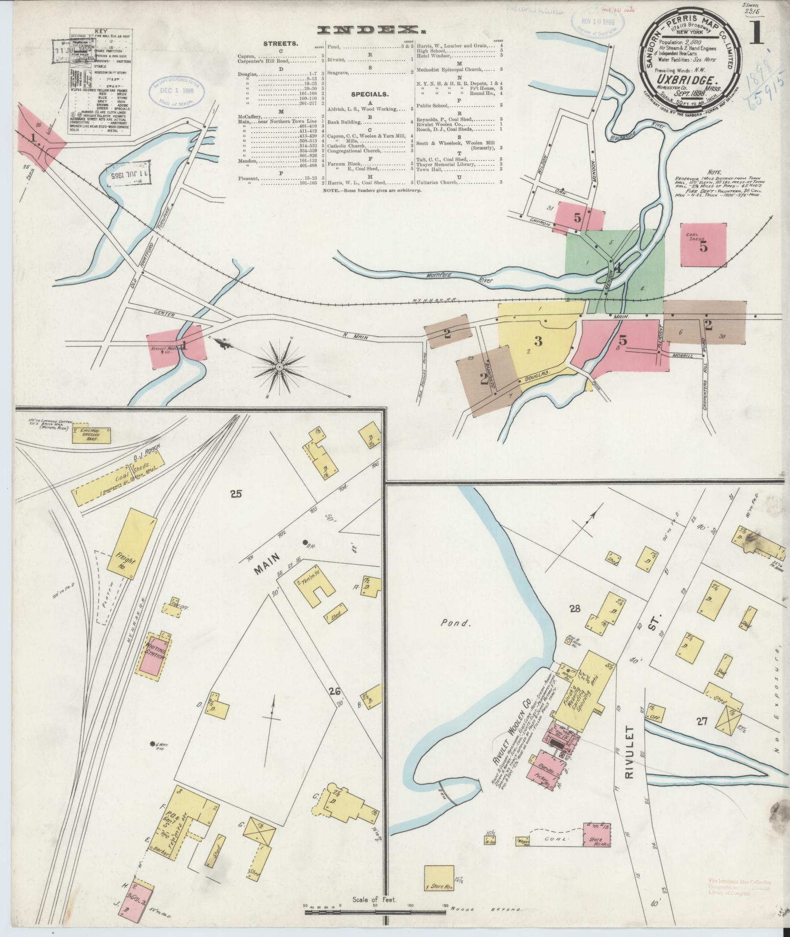 Sanborn Fire Insurance Map from Uxbridge, Worcester County, Massachusetts. (1898) – Historic Sanborn Fire Insurance Map Print