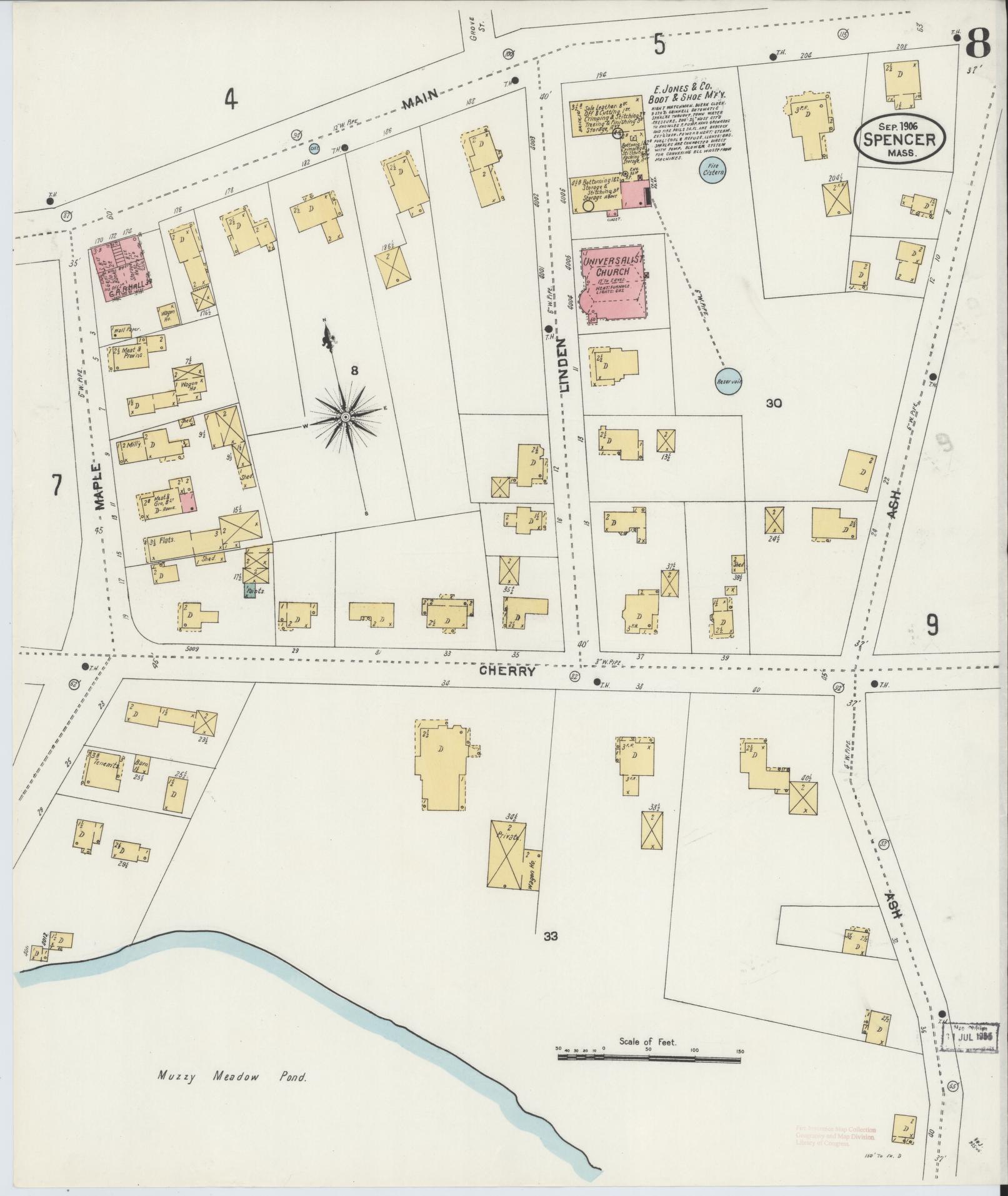 Sanborn Fire Insurance Map from Spencer, Worcester County, Massachusetts (1906), Sheet #0008 - Historic Sanborn Fire Insurance Map Print, vintage old map wall art, antique decor, genealogy gift, Massachusetts Massachusetts map