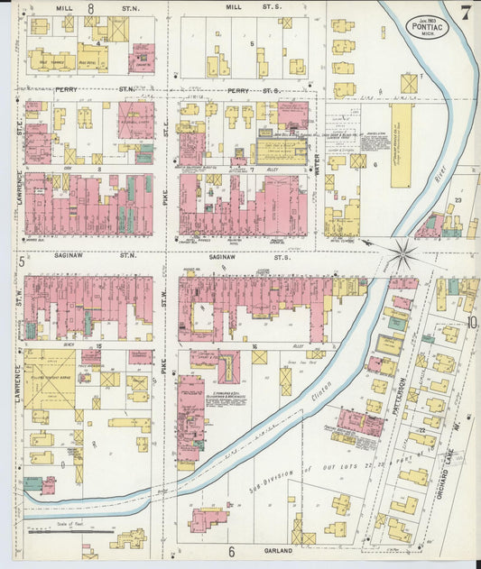 Sanborn Fire Insurance Map from Pontiac, Oakland County, Michigan (1903), Sheet #0007 - Historic Sanborn Fire Insurance Map Print, vintage old map wall art, antique decor, genealogy gift, Michigan Michigan map