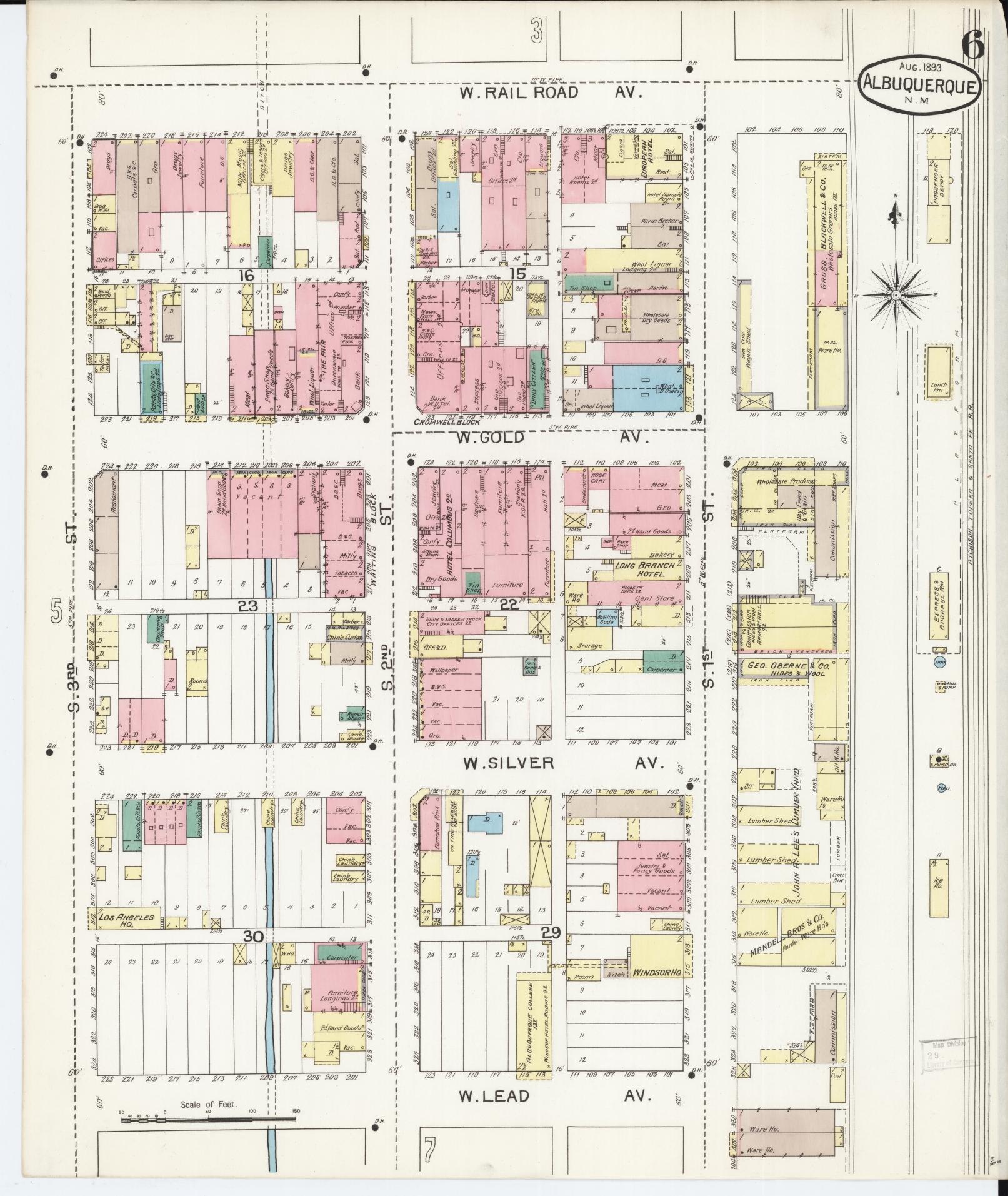 Sanborn Fire Insurance Map from Albuquerque, Bernalillo County, New Mexico (1893), Sheet #0006 - Historic Sanborn Fire Insurance Map Print, vintage old map wall art, antique decor, genealogy gift, New Mexico New Mexico map
