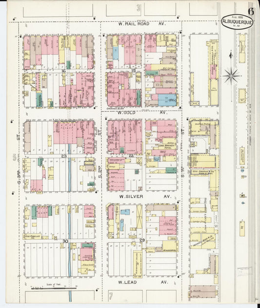 Sanborn Fire Insurance Map from Albuquerque, Bernalillo County, New Mexico (1893), Sheet #0006 - Historic Sanborn Fire Insurance Map Print, vintage old map wall art, antique decor, genealogy gift, New Mexico New Mexico map