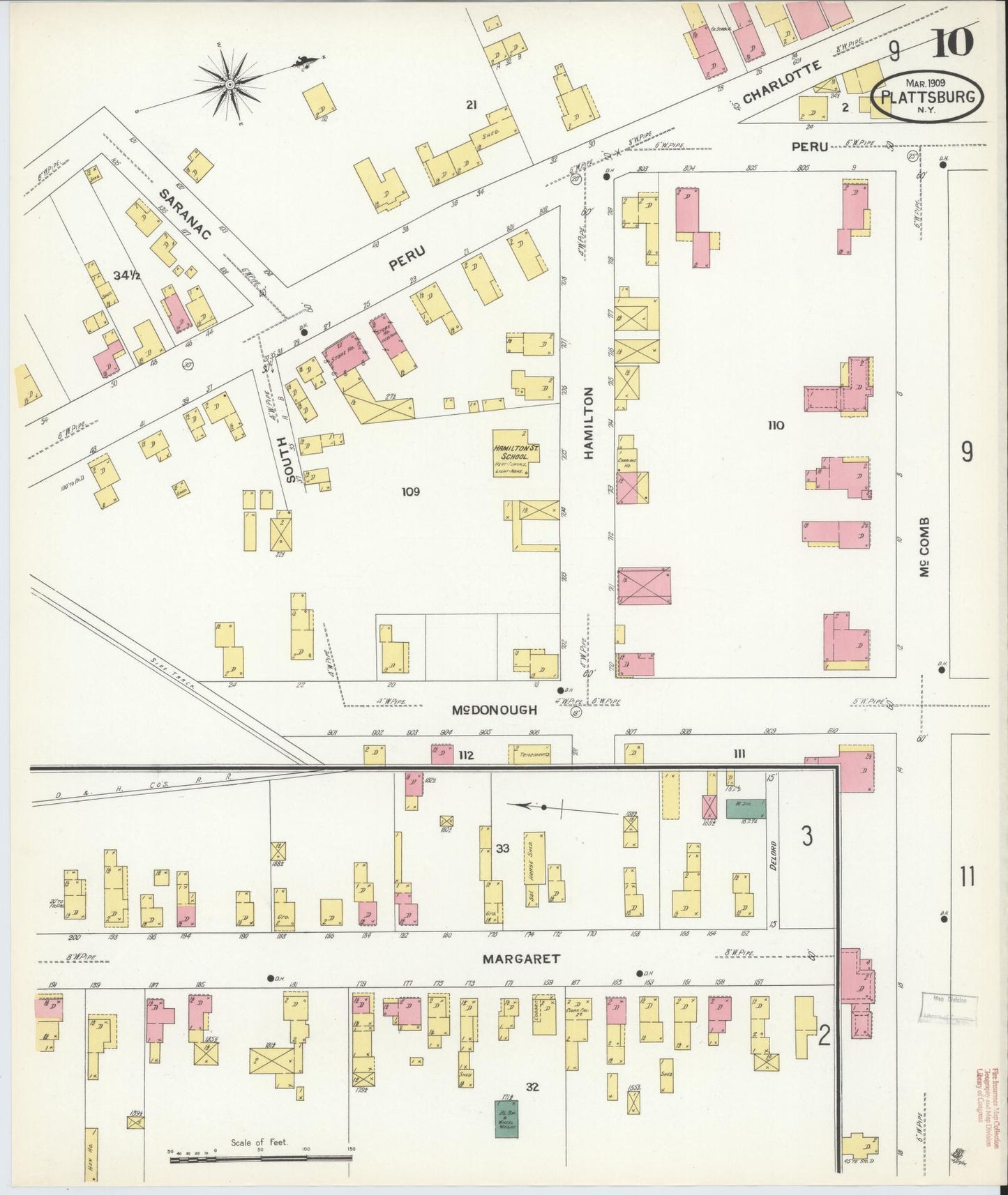 Sanborn Fire Insurance Map from Plattsburg, Clinton County, New York (1909), Sheet #0009 - Complete Map Set gallery image, historic Sanborn map, vintage wall art, New York New York