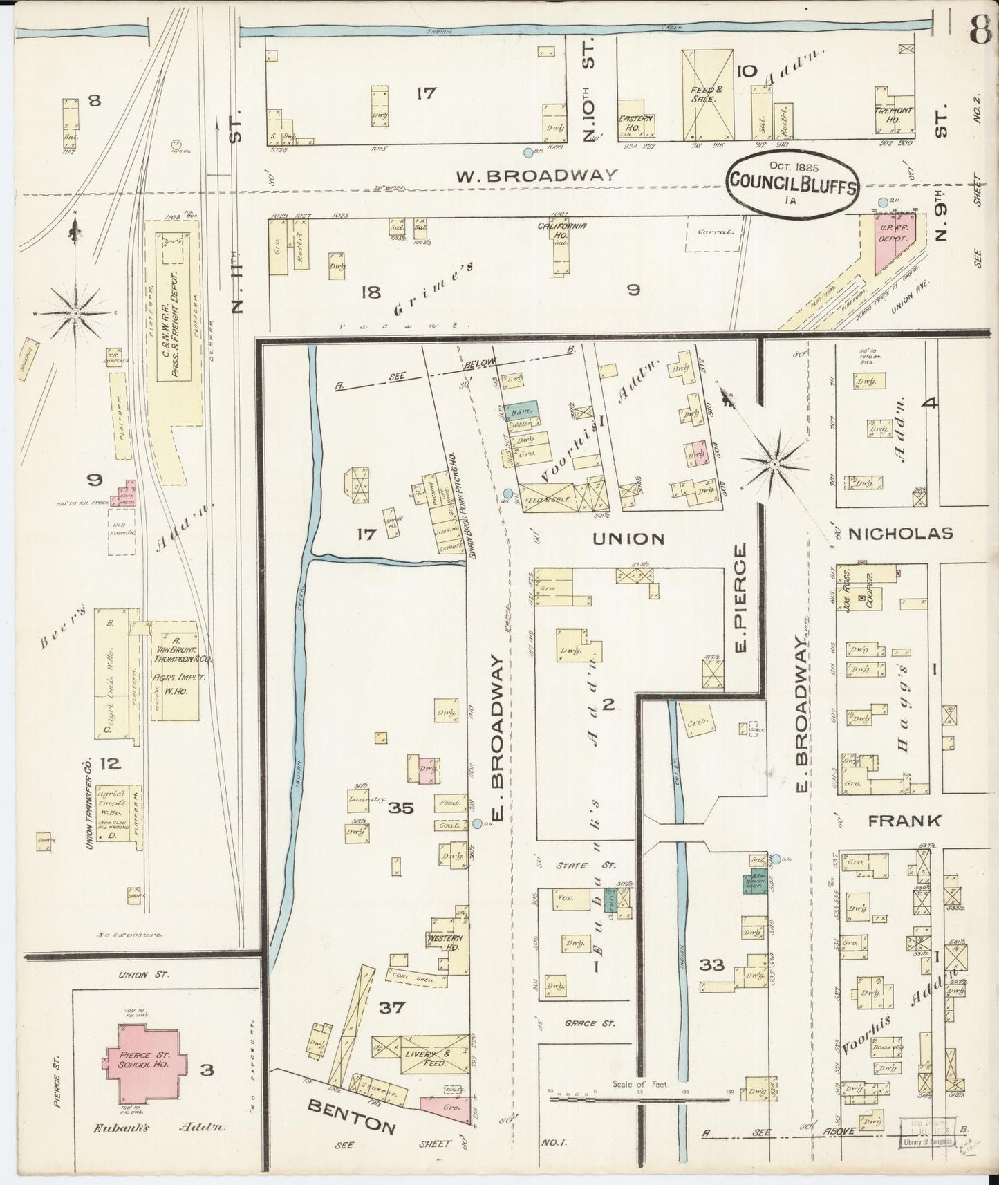 Sanborn Fire Insurance Map from Council Bluffs, Pottawattamie County, Iowa (1885), Sheet #0008 - Historic Sanborn Fire Insurance Map Print, vintage old map wall art