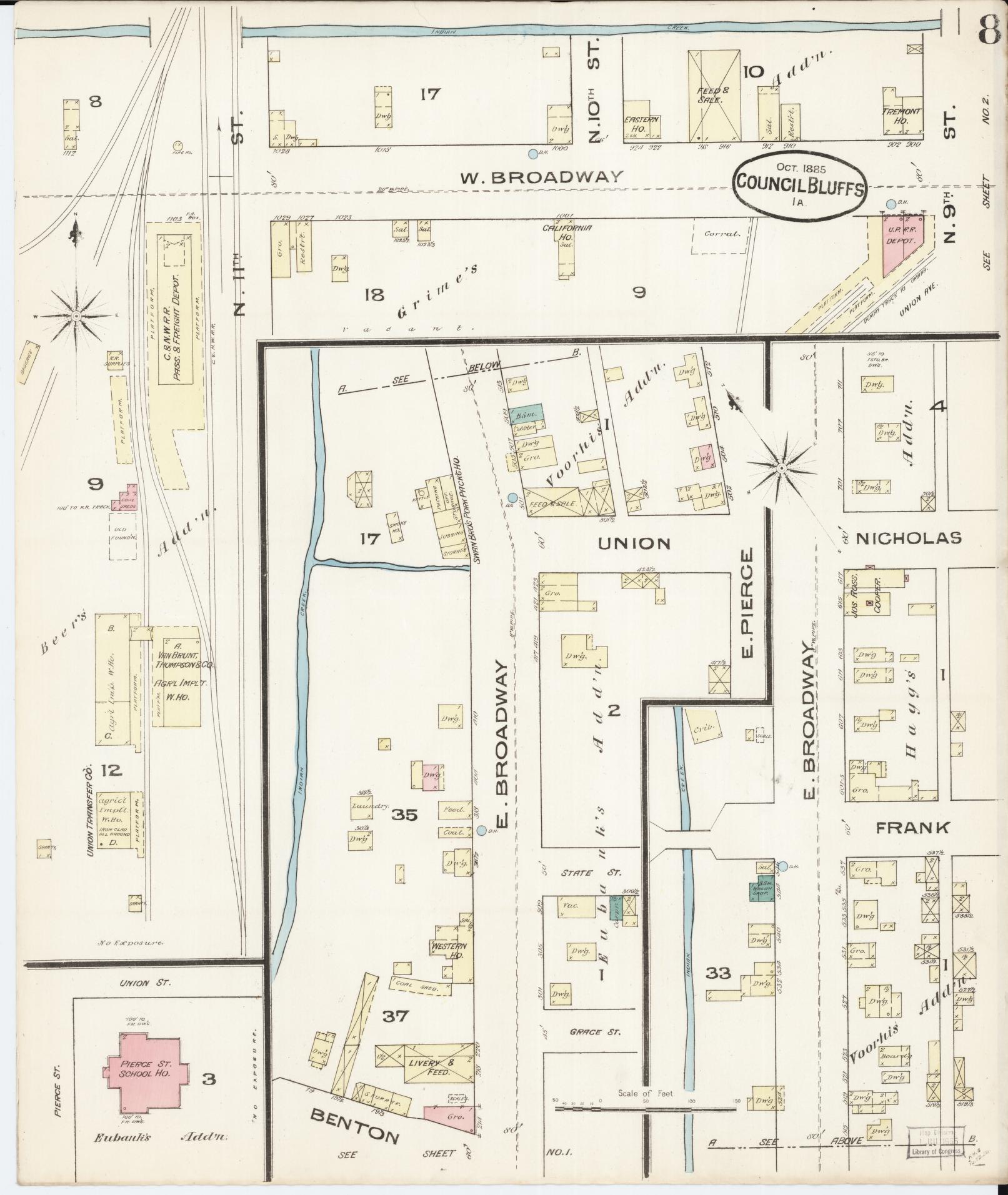 Sanborn Fire Insurance Map from Council Bluffs, Pottawattamie County, Iowa (1885), Sheet #0008 - Historic Sanborn Fire Insurance Map Print, vintage old map wall art