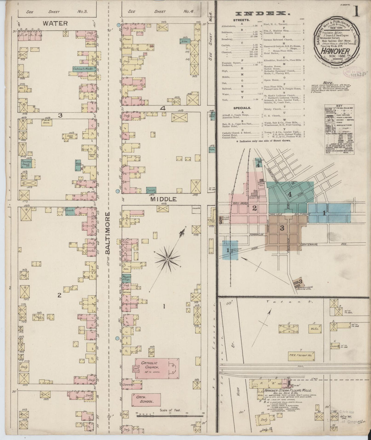 Sanborn Fire Insurance Map from Hanover, York County, Pennsylvania (1886), Sheet #0001 - Historic Sanborn Fire Insurance Map Print, vintage old map wall art, antique decor, genealogy gift, Pennsylvania Pennsylvania map
