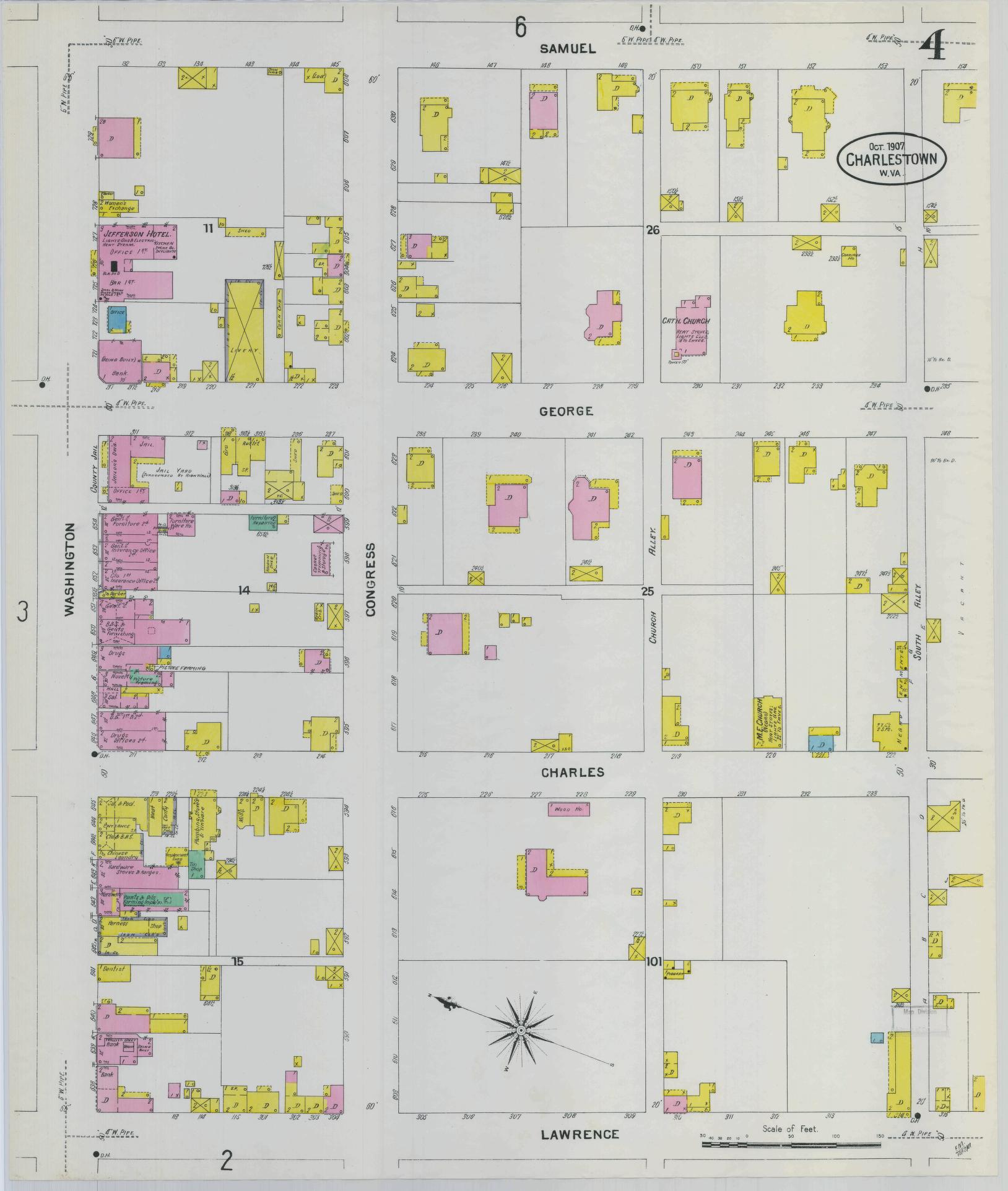 Sanborn Fire Insurance Map from Charles Town, Jefferson County, West Virginia (1907), Sheet #0004 - Complete Map Set gallery image, historic Sanborn map, vintage wall art, West Virginia West Virginia